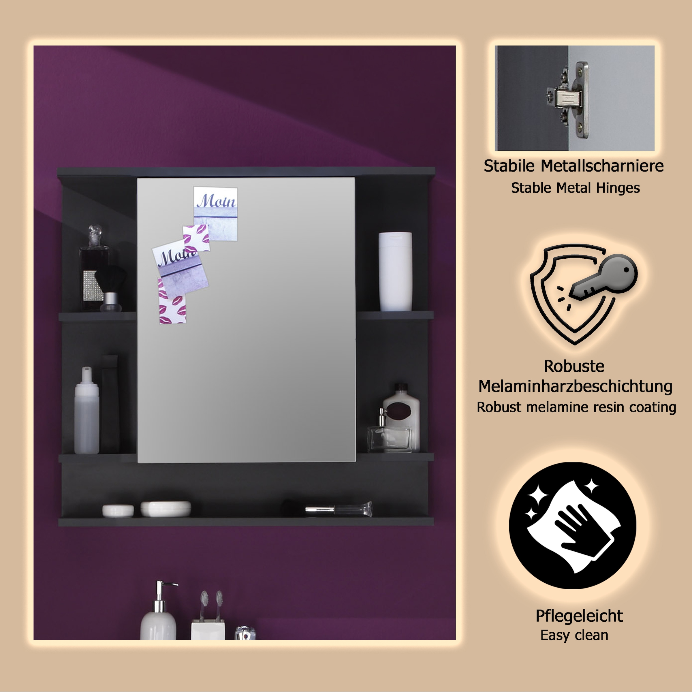 welltime Spiegelschrank »Tias« 1 Stk. tlg. Spiegelschrank mit 1 Tür & 5 Fächern - (B/T/H) 72/20/76 cm