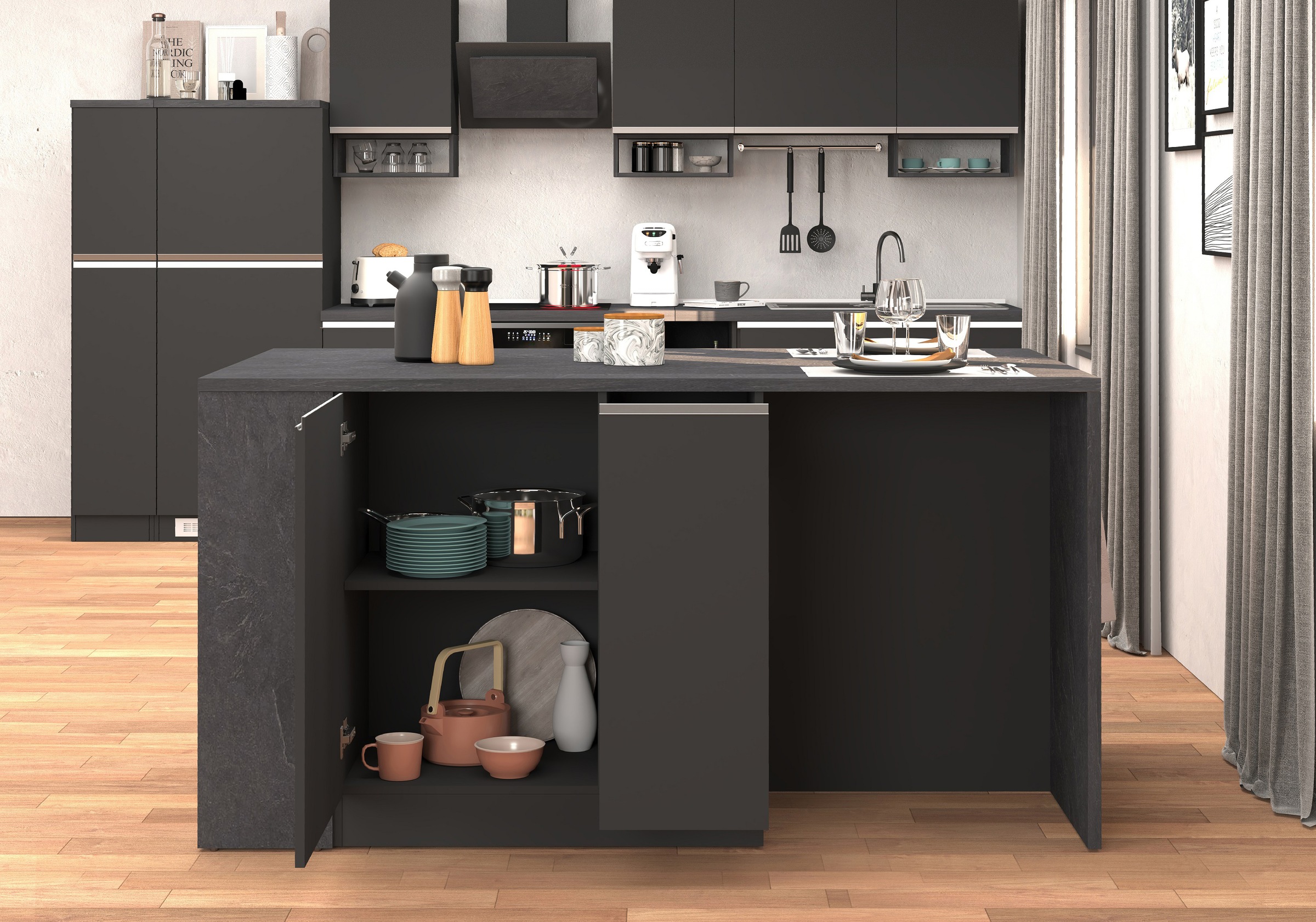 KOCHSTATION Kücheninsel »KS-Sole, Kochinsel, Küchenarbeitsblock, Arbeitsinsel, Made in Italy« Breite 167,5 cm, 2 Apothekerauszüge, 2 Essplätze, 1 offenes Regal