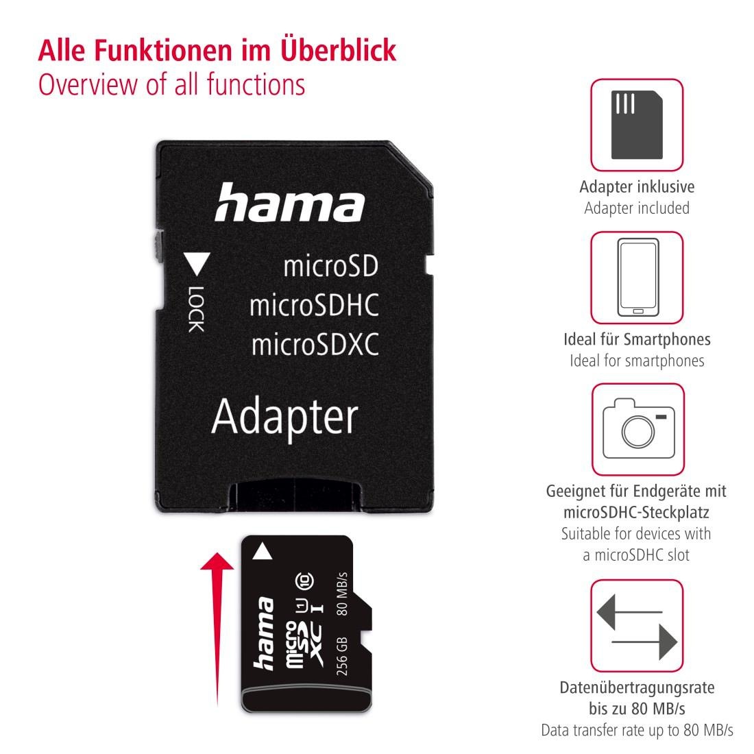 HAMA Speicherkarte "microSD Karte, Memory Fast, + Adapter/Mobile, Class 10 UHS-I", 256 GB, schwarz, Speicherkarten