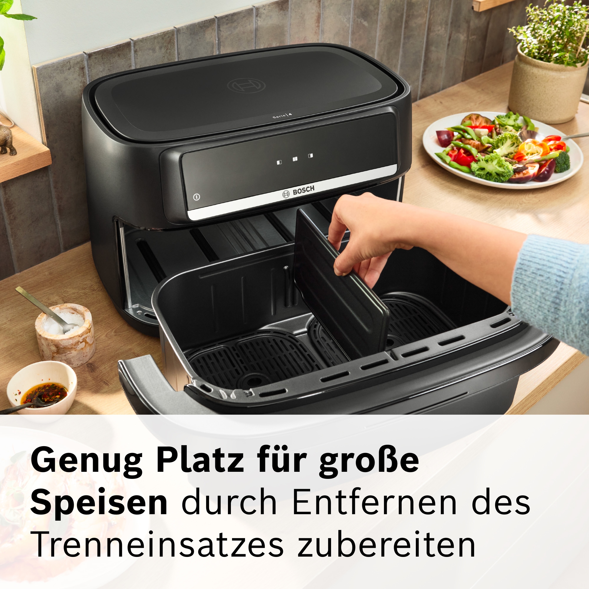 BOSCH Heißluftfritteuse »Airfryer MAFD490B7, Dualbasket, 10 L oder 2* 5L Kammern, schwarz« 2500 W PFAs frei, einfache Reinigung, 6 voreingestellte Programme