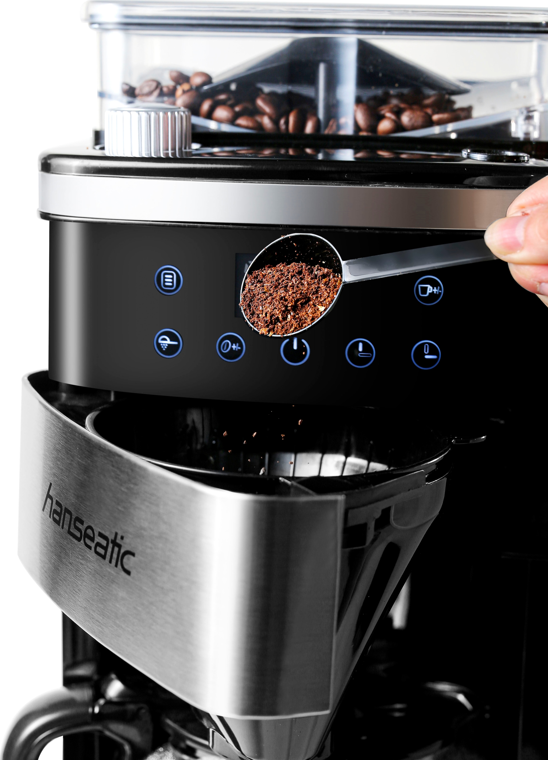 Hanseatic Kaffeemaschine mit Mahlwerk »HCMG105015SD«, 1,5 l Kaffeekanne, Papierfilter-Permanentfilter, 1x4, mit LCD Display und Timer