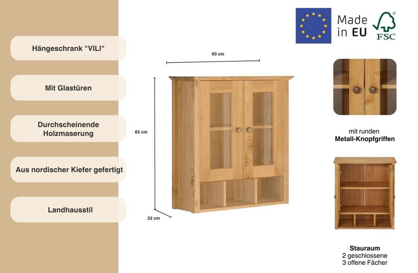 Thumbnail - Home affaire Hängeschrank "Vili" Badezimmerschrank, mit Glastüren, Breite 60 cm, aus Massivholz