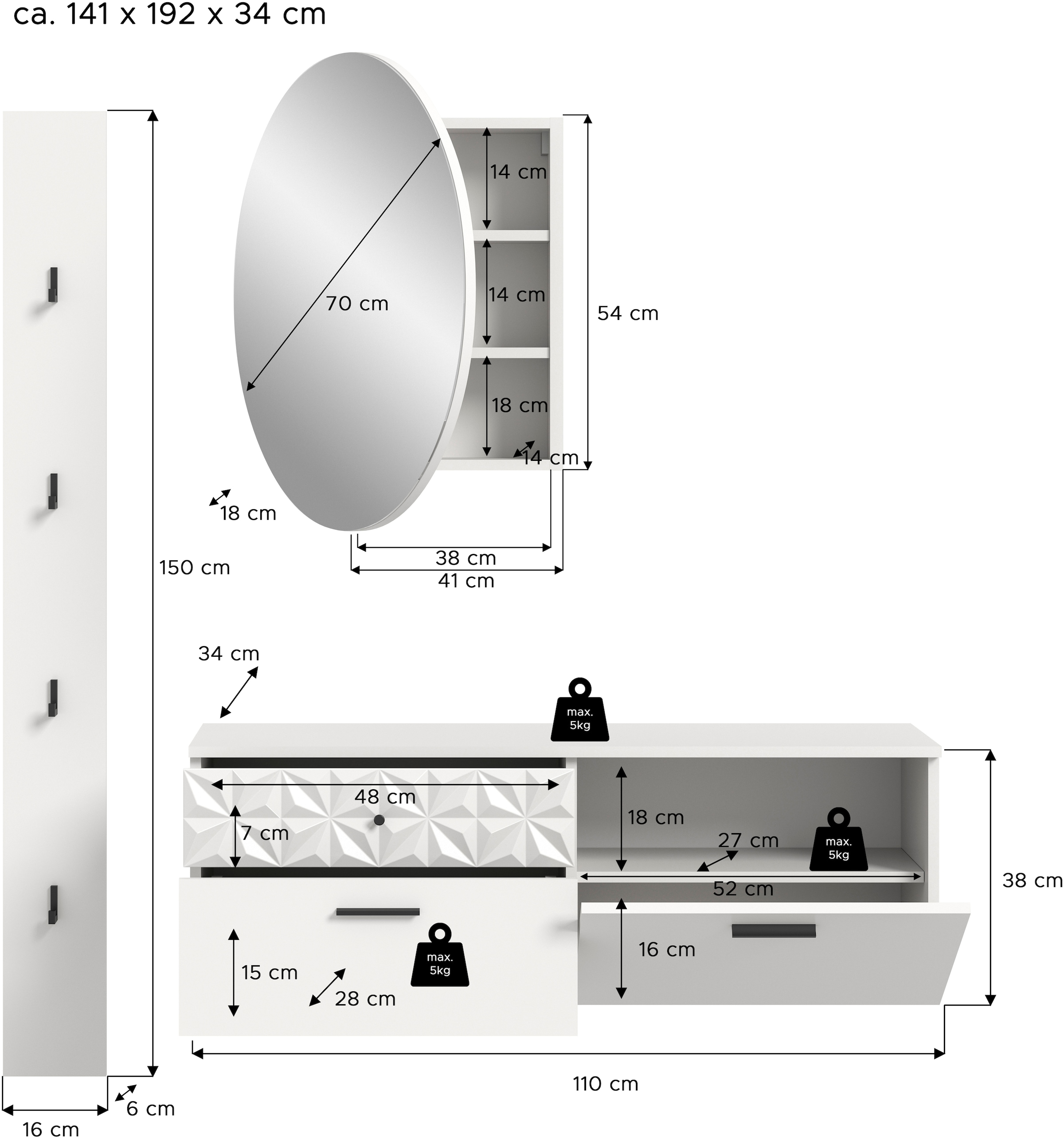INOSIGN Garderoben-Set »VICENZA, 3-tlg., mit foraler Ornamentabsetzung in der Front«, (3 St.), best. aus.: Schuhschrank, Spiegelschrank und Hakenpaneel