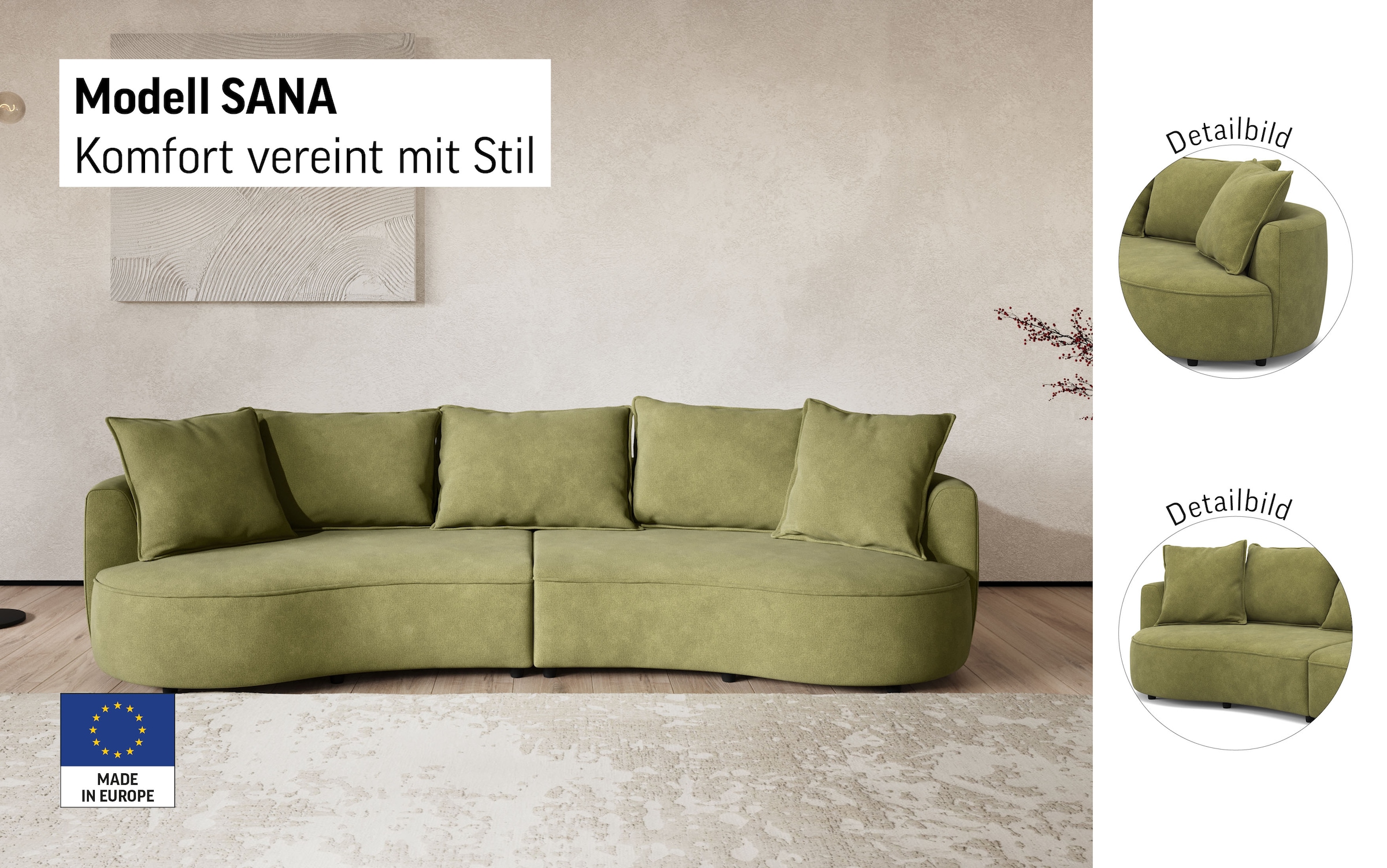 OTTO home Loungesofa »Sana, Bigsofa, Megasofa, organische Form, Breite 296 cm« Loungesofa mit Wellenunterfederung