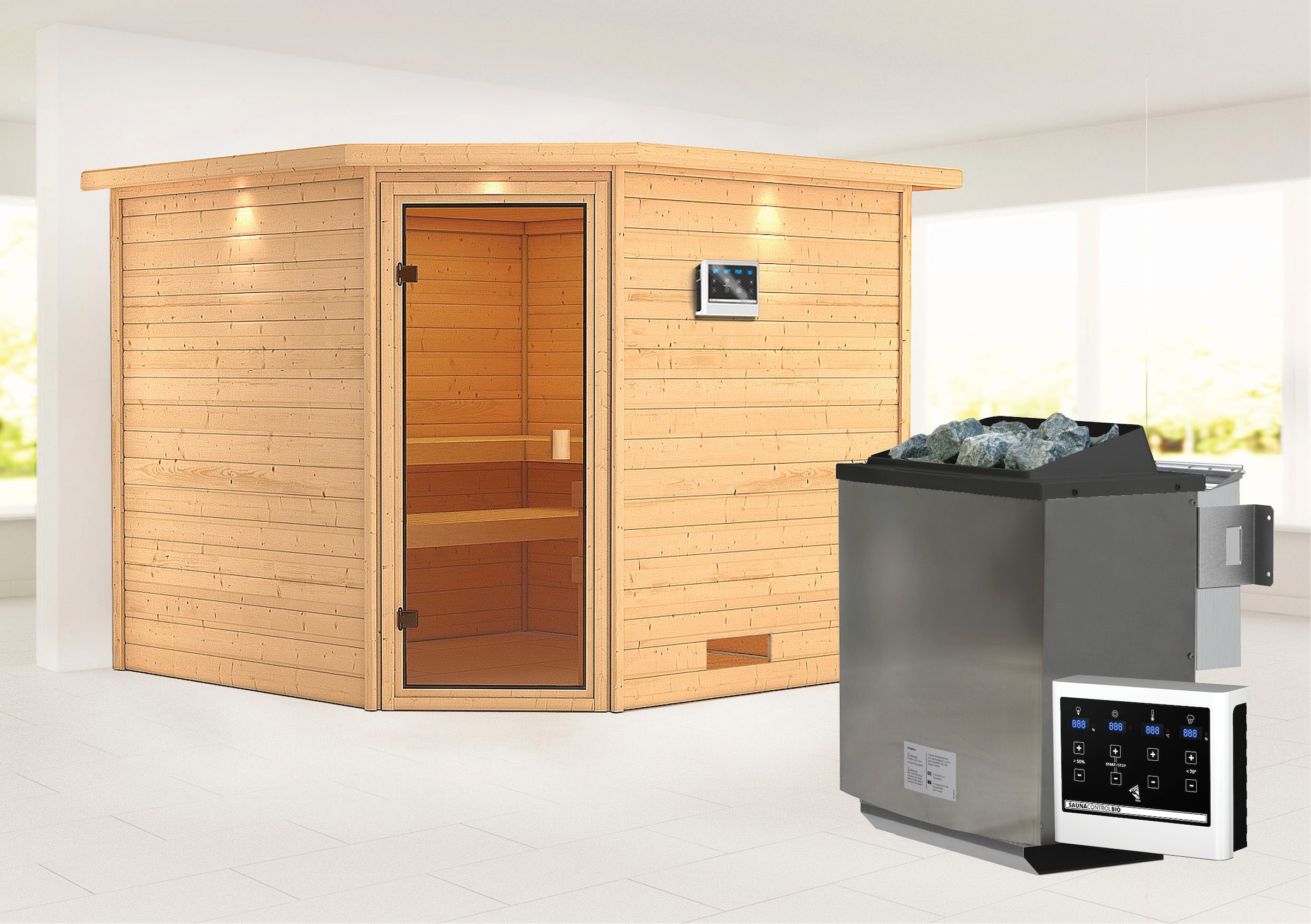 Karibu Sauna ""Leona" mit Kranz und bronzierter Tür Ofen 9 kW Bio externe Strg Easy", aus hochwertiger nordischer Fichte