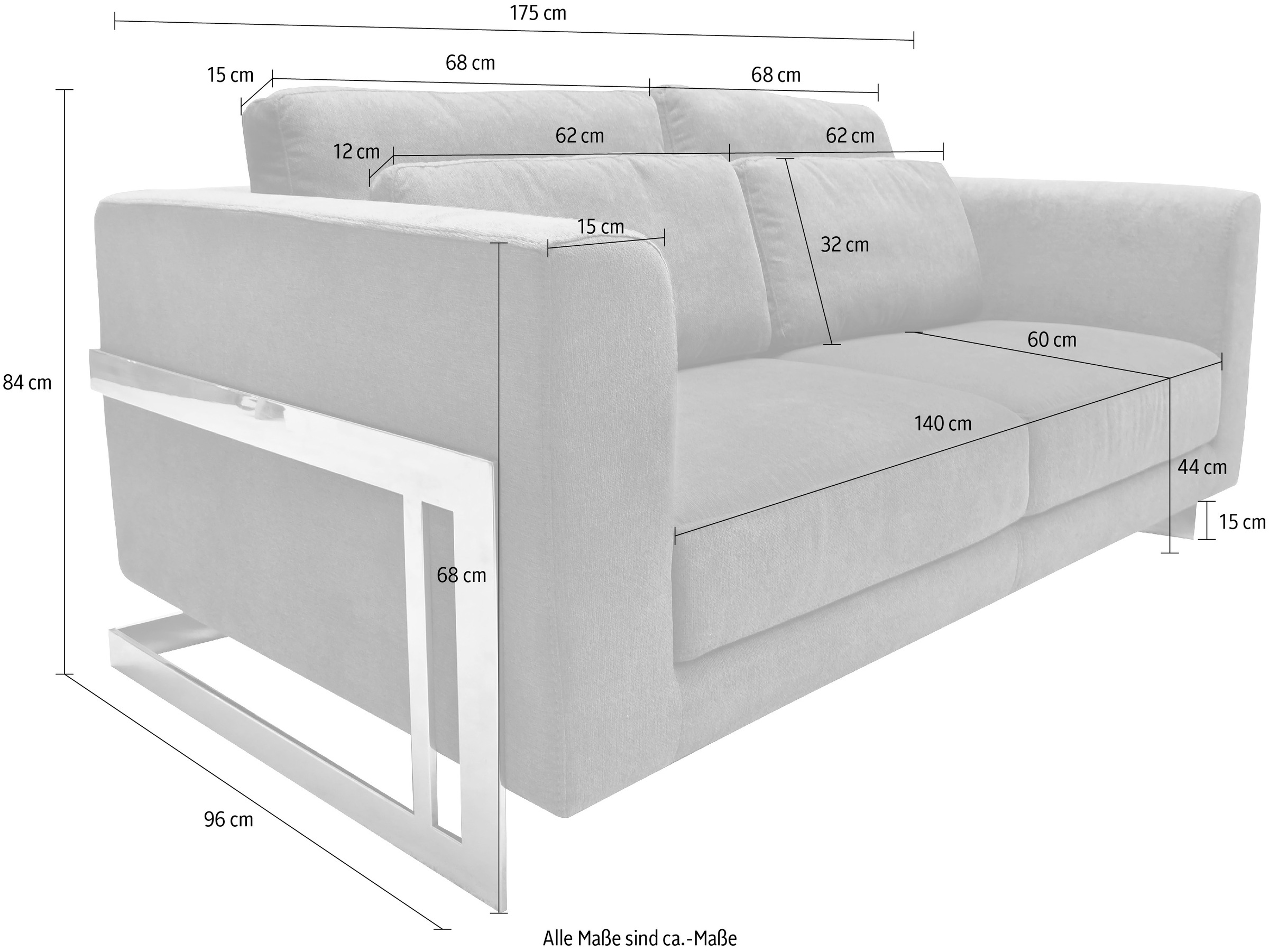 Leonique 2-Sitzer »New York«, Petrolblaues 2-Sitzer Sofa, Edelstahlgestell, 175x84x96, Sitzhöhe 44cm
