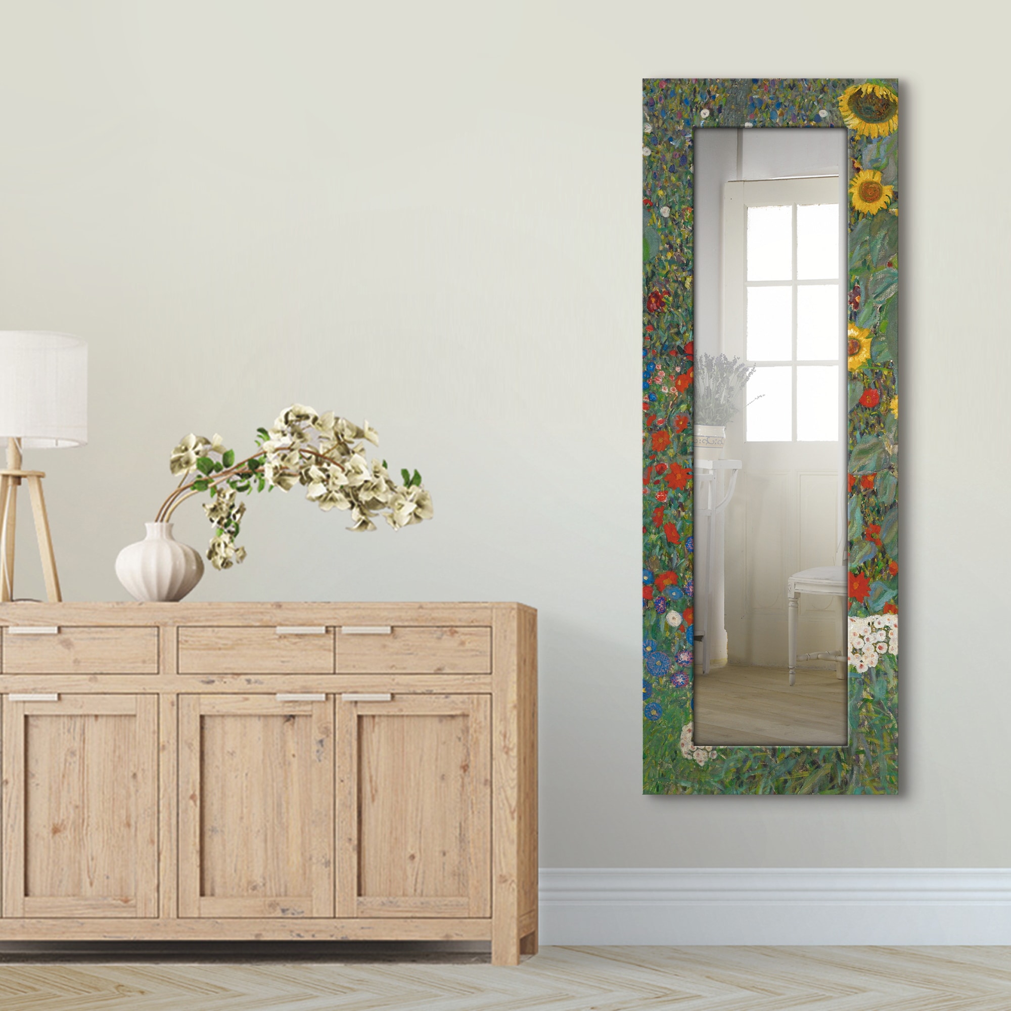 Artland Dekospiegel »Garten mit Sonnenblumen«, gerahmter Ganzkörperspiegel, Wandspiegel, mit Motivrahmen, Landhaus