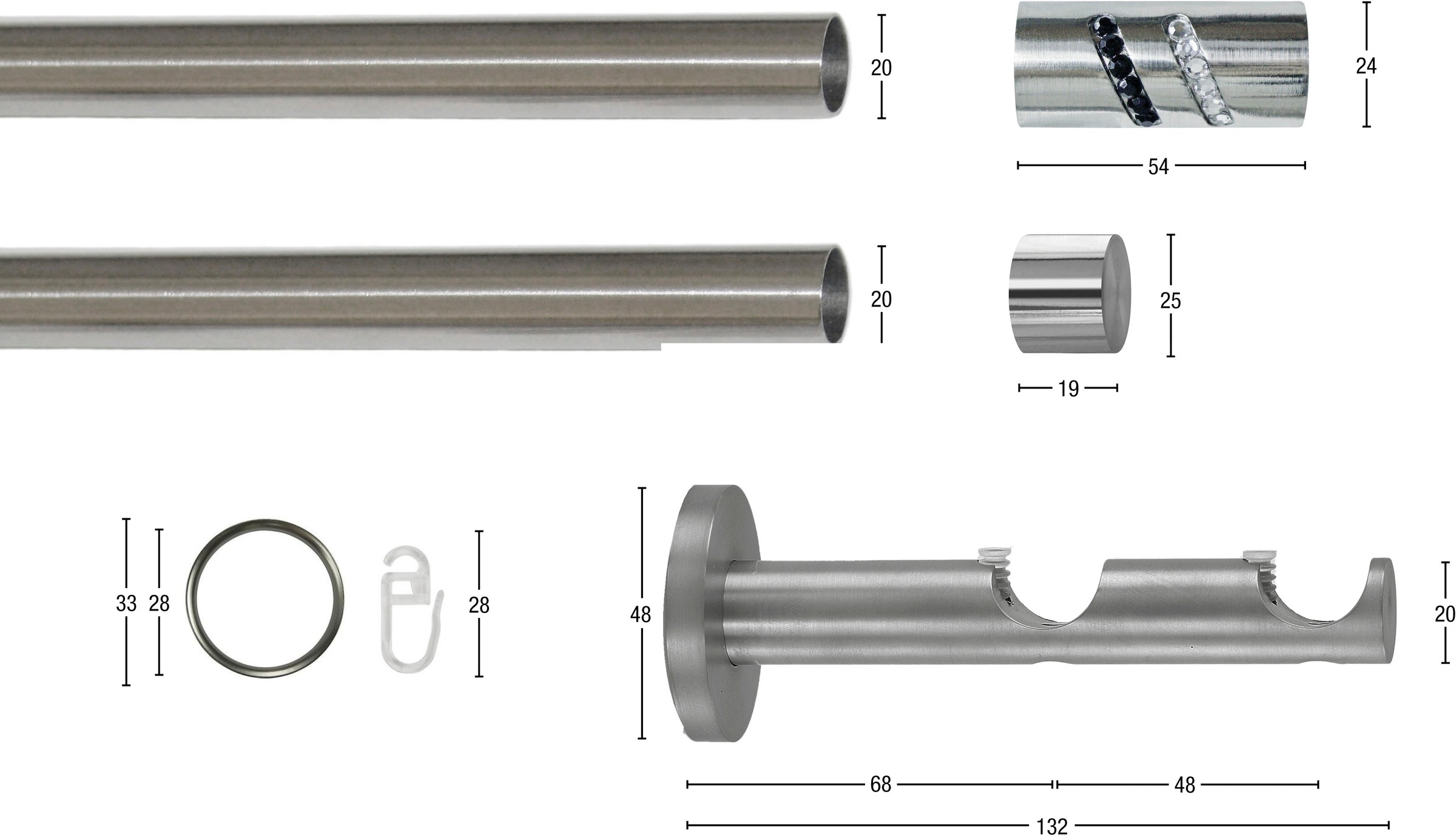 Thumbnail - GARESA Gardinenstange "BOSTON" Ø 20 mm 2 läufig-läufig Wunschmaßlänge Vorhanggarnitur, verlängerbar, Glitzerstein, edels...