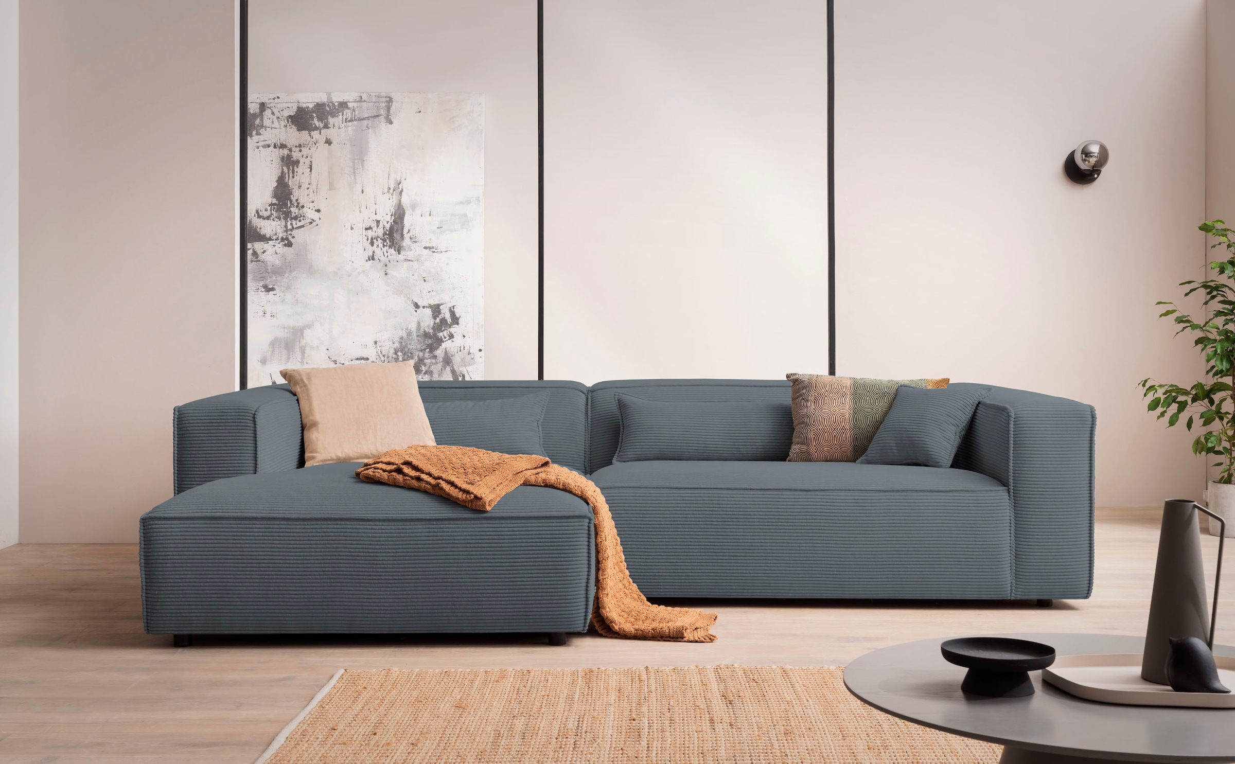 LeGer Home by Lena Gercke Ecksofa »PIARA XXL, Big-Sofa in Cord oder Leinenoptik, L-Form, mit Kedernaht«, wahlweise Ottomane rechts/links, schwarze Füße, extra tiefe Sitzfläche