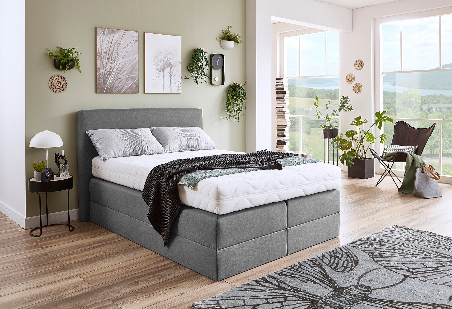 Boxspringbett, grau, B:155cm L:205cm, Strukturstoff (77% Polyester und 23% Viskose), WESTFALIA SCHLAFKOMFORT, Komplettbetten, Boxspringbett, wahlweise mit Kaltschaum-Topper