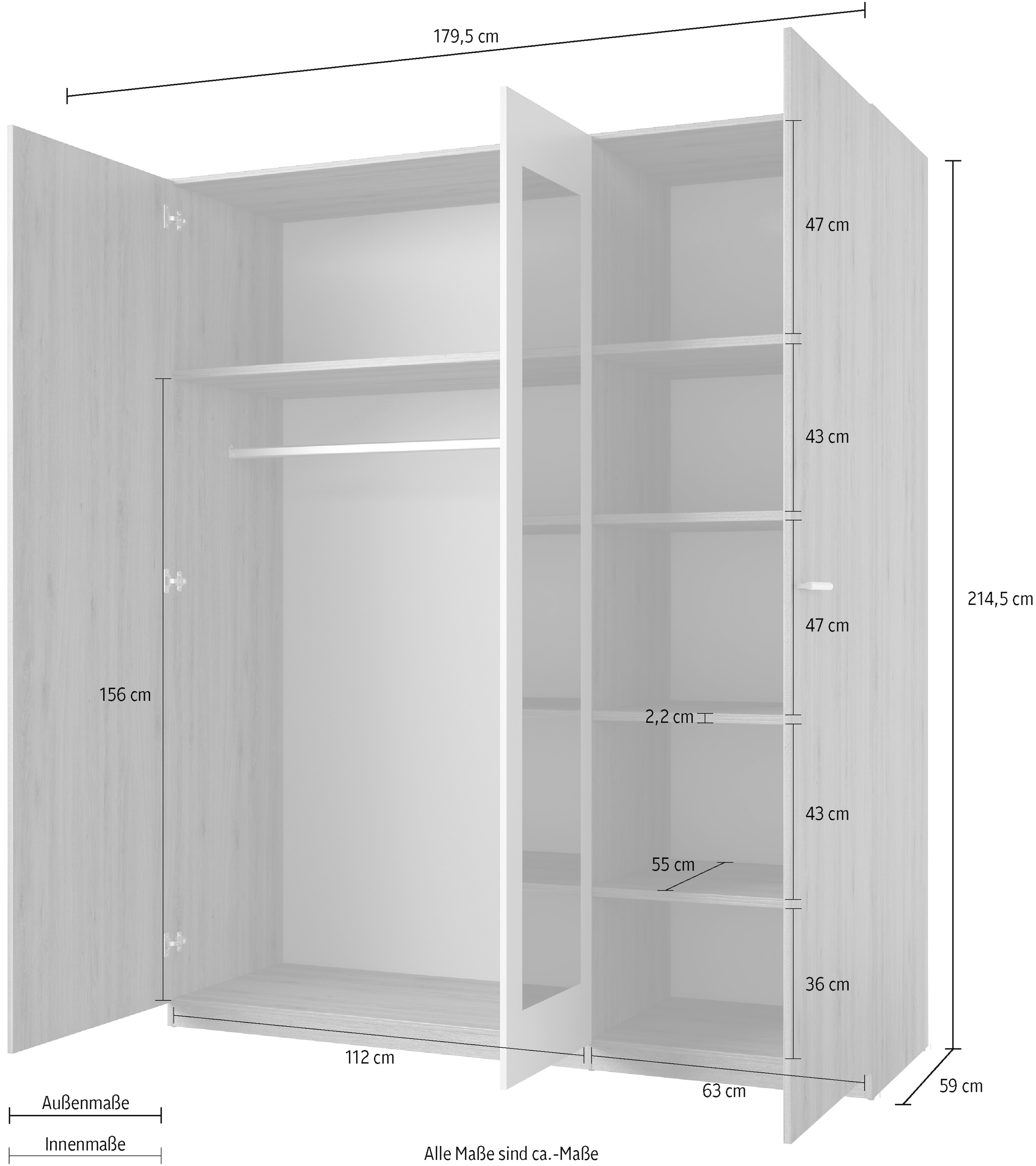 Home affaire Drehtürenschrank »Bitry, Wäscheschrank incl. kompletter Innenausstattung«, Kleiderschrank, verstellbare Einlegeböden 22 mm stark, Spiegeltür
