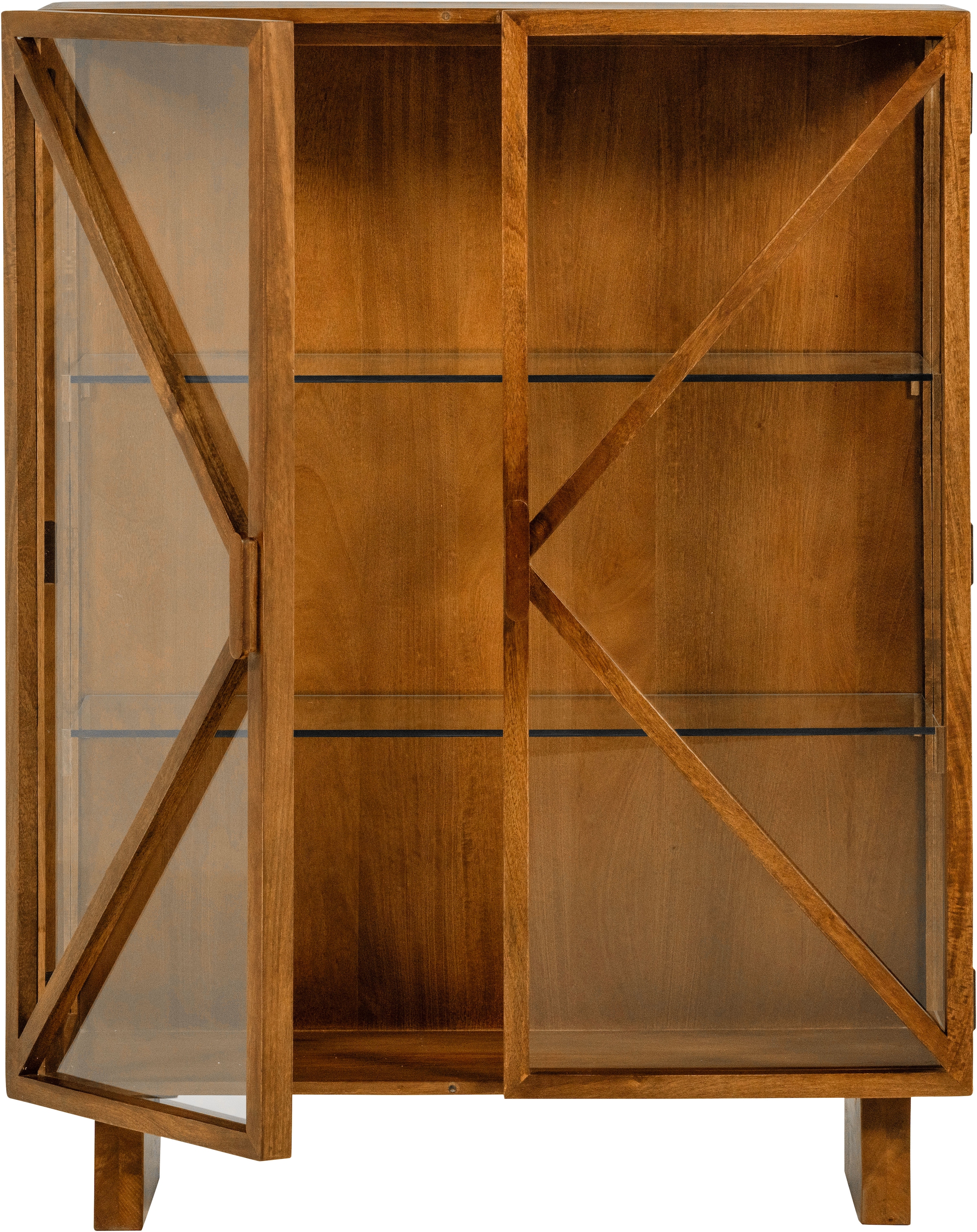 WOOOD Vitrine »Kella Mangoholz mit Glastüren und Glasablagen B 100 x D 44 x H 132 cm« Tragkraft 5–7 kg pro Ablage, Wandbefestigung empfohlen