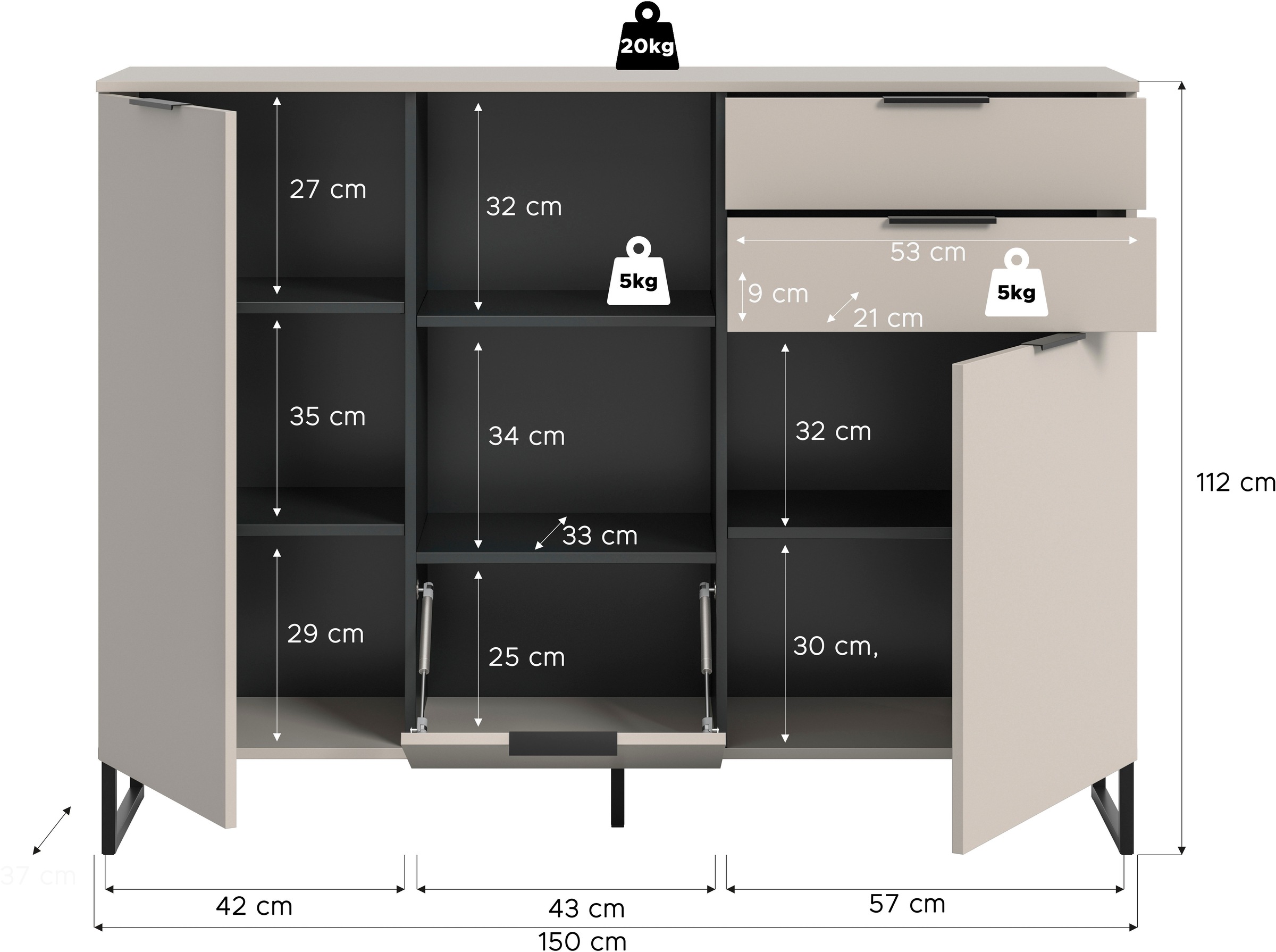 INOSIGN Highboard »Adio, Highboard, 150 cm Breite«, (1 St.), Adio, Highboard, Kashmir NB, 2 Türen, 1 Klappe, 2 Schubladen