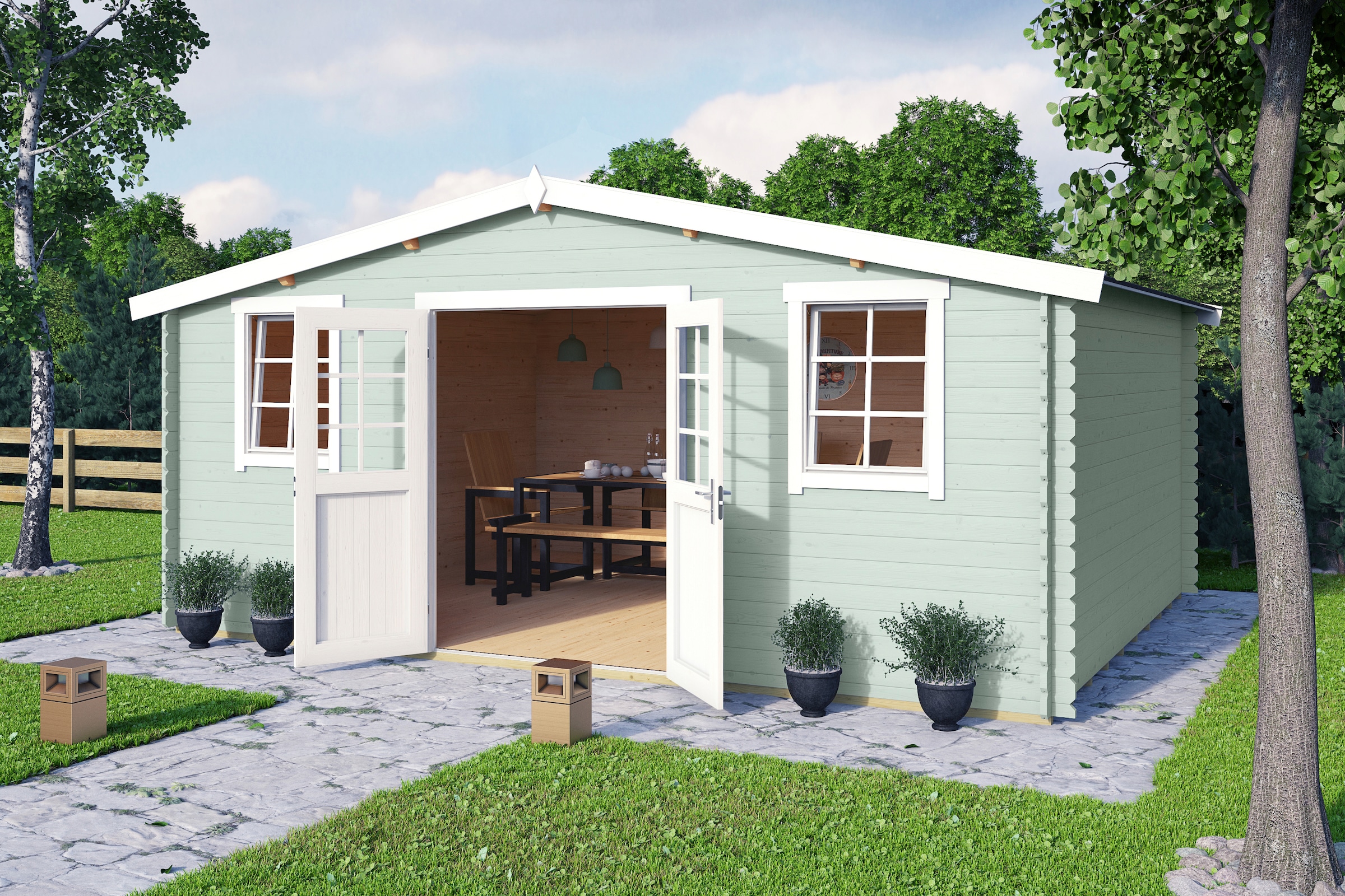 LASITA MAJA Gartenhaus »Wels 5«, Blochbohlenhaus 28mm, Fundamentmass 5100x4000, Gletschergrün