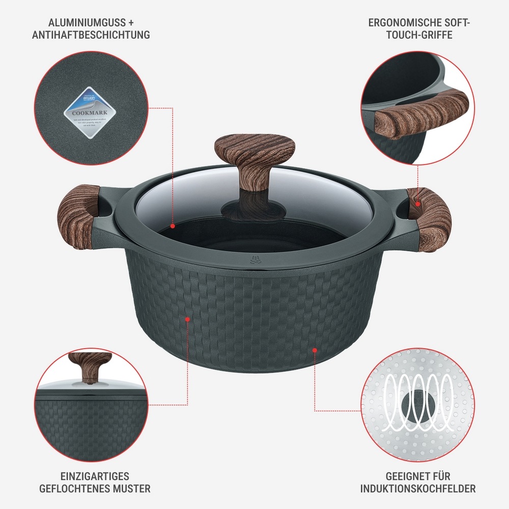 RESTO Kitchenware Bratentopf »Ran, Kochtopf antihaftbeschichtet und spülmaschinenfest«, Aluminiumguss, (2 tlg.), Geeignet für alle Herdarten, auch Induktion, im Geschenkkarton