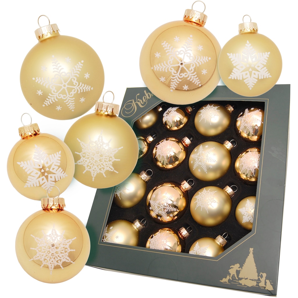 Krebs Glas Lauscha Weihnachtsbaumkugel »Schneeflocke goldfarben«, (Set, 16 St.)