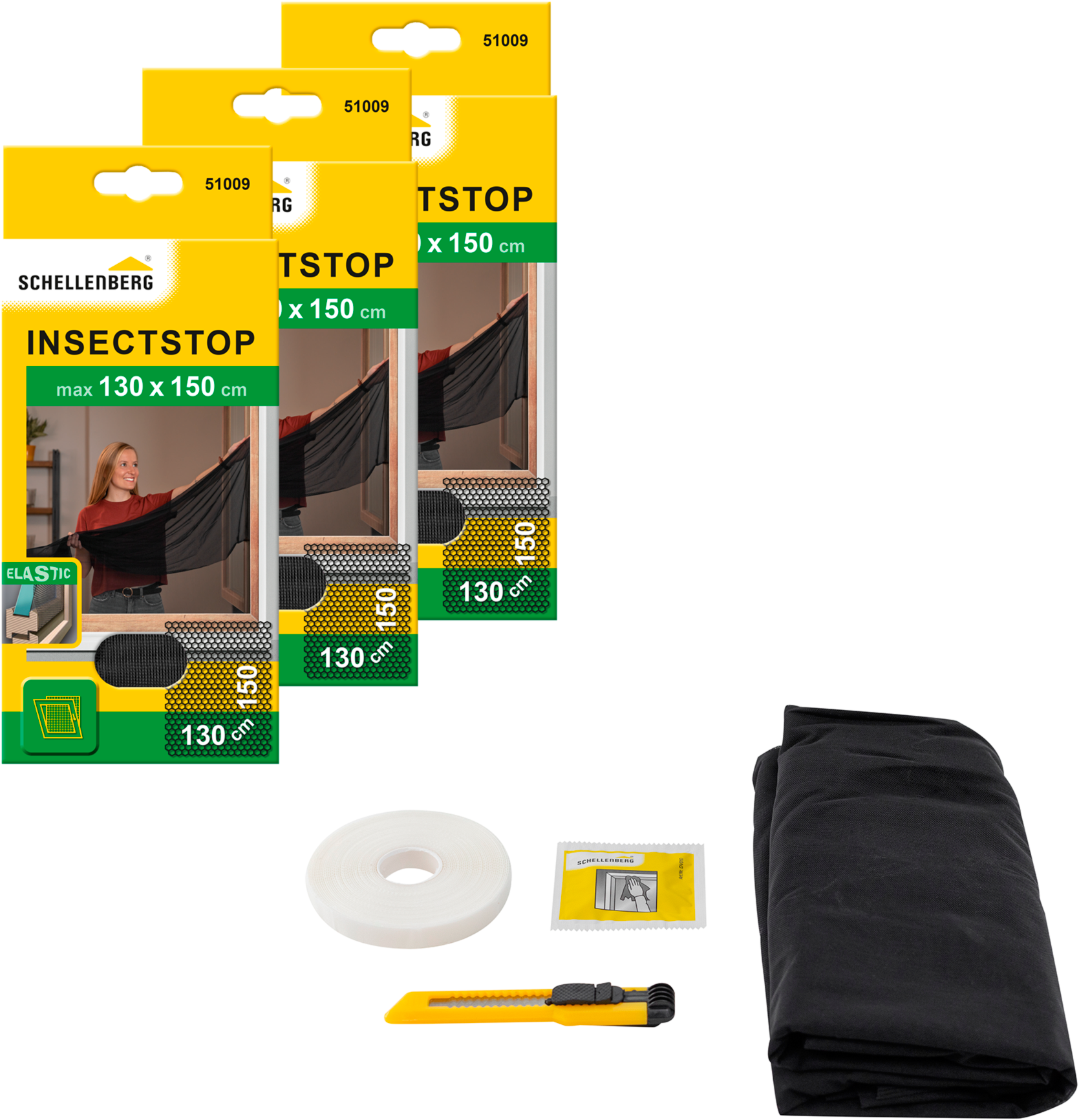 SCHELLENBERG Fliegengitter-Gewebe "Elastic ohne bohren", B/H: 130cm x 150cm, 3er Pack, grau, Insektenschutzgitter, elastischer Insektenschutz für