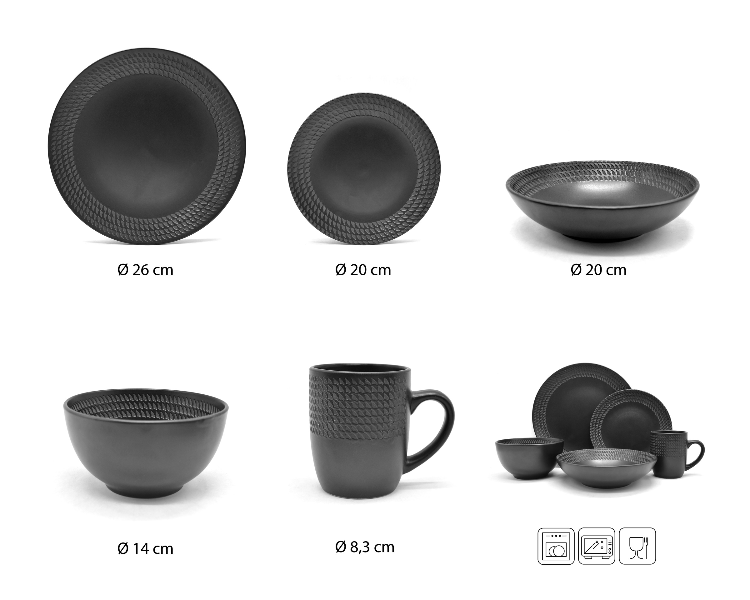 ECHTWERK Kombiservice »"BlackStyle", Schwarz«, (Set, 30 tlg.), Stilvolles Geschirrset mit markanter Struktur, hochwertige Stoneware