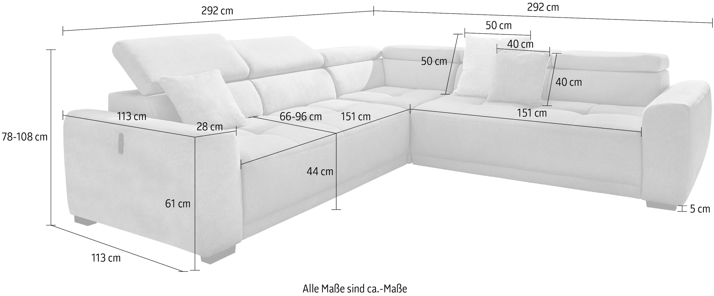 Jockenhöfer Gruppe Wohnlandschaft »Monza, L-Form, B: 292x292cm, 30 cm elektrischer Sitztiefenverstellung« 140kg Belastbarkeit je Sitz, verstellbare Kopfstützen & USB-Ladeports