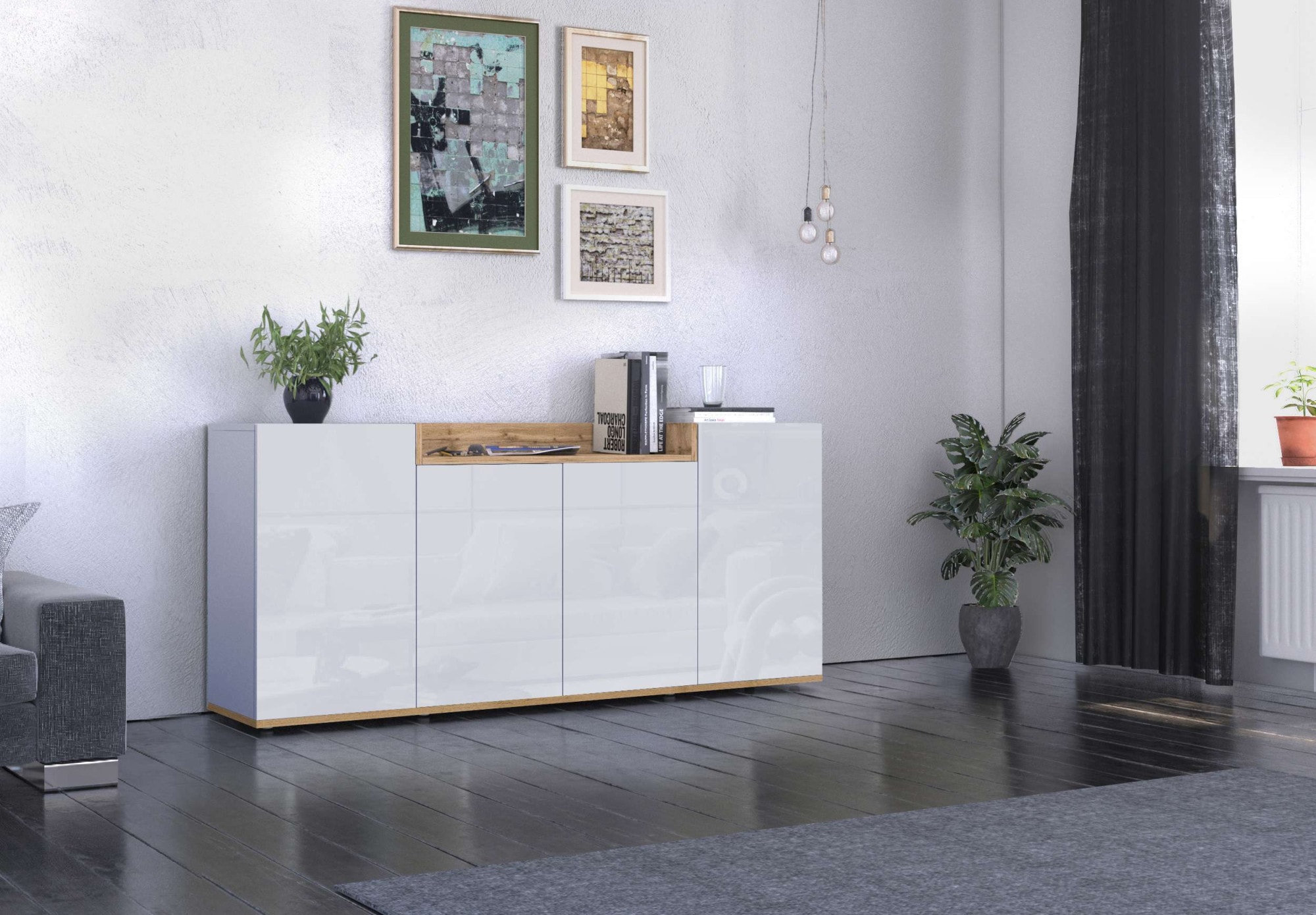 OTTO home Sideboard »BOLSENA, Kommode, Schrank,Lowboard mit 6 Fächer und offenes Ablagefach« 1 Stk. tlg. Breite 160 cm,stehend/hängend,Fronten Hochglanz lackiert,Made in Italy