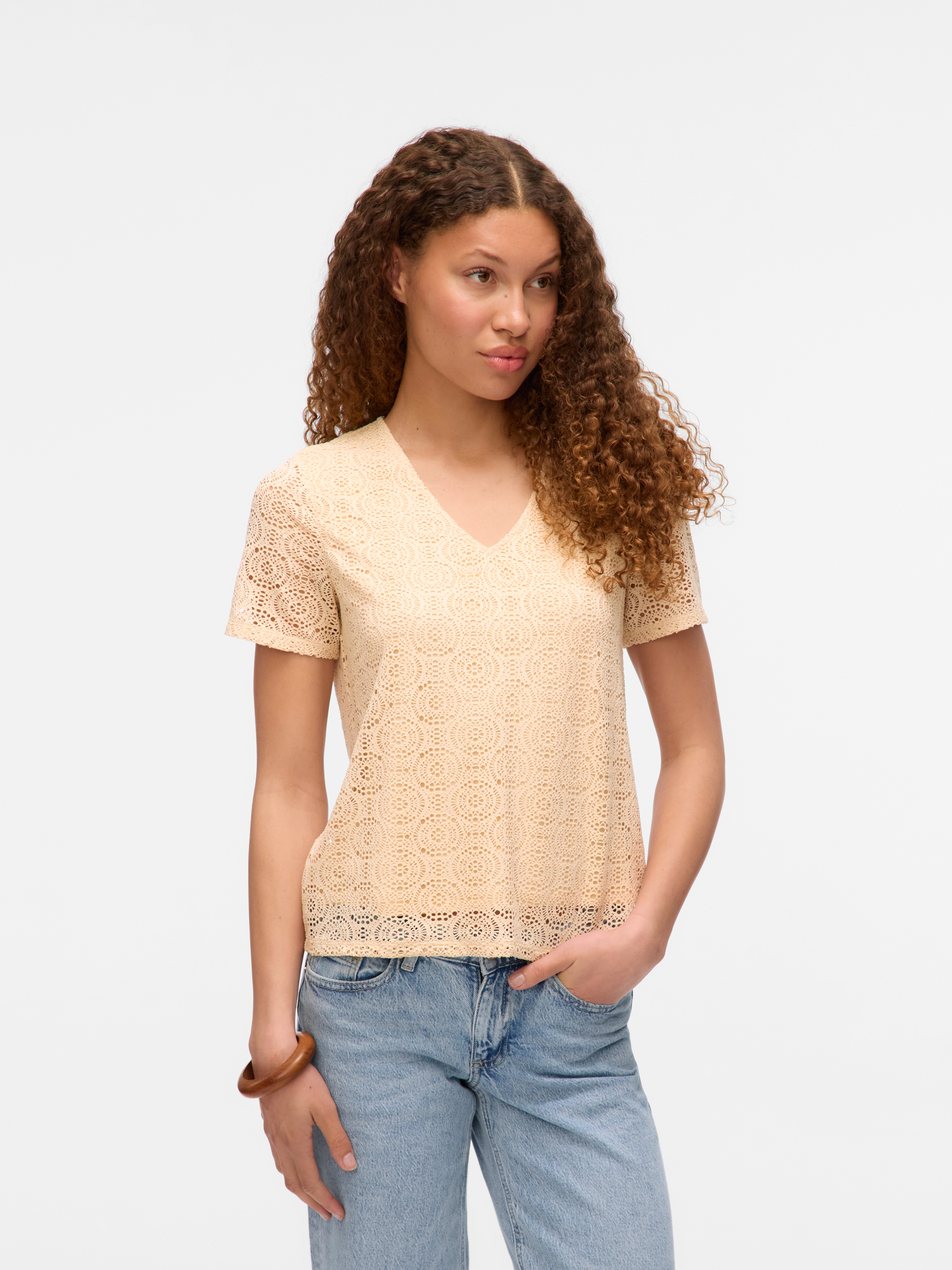 Vero Moda V-Shirt "Vmmaya Ss V Neck Top Jrs" Materialmix, Regular Fit, Spitze