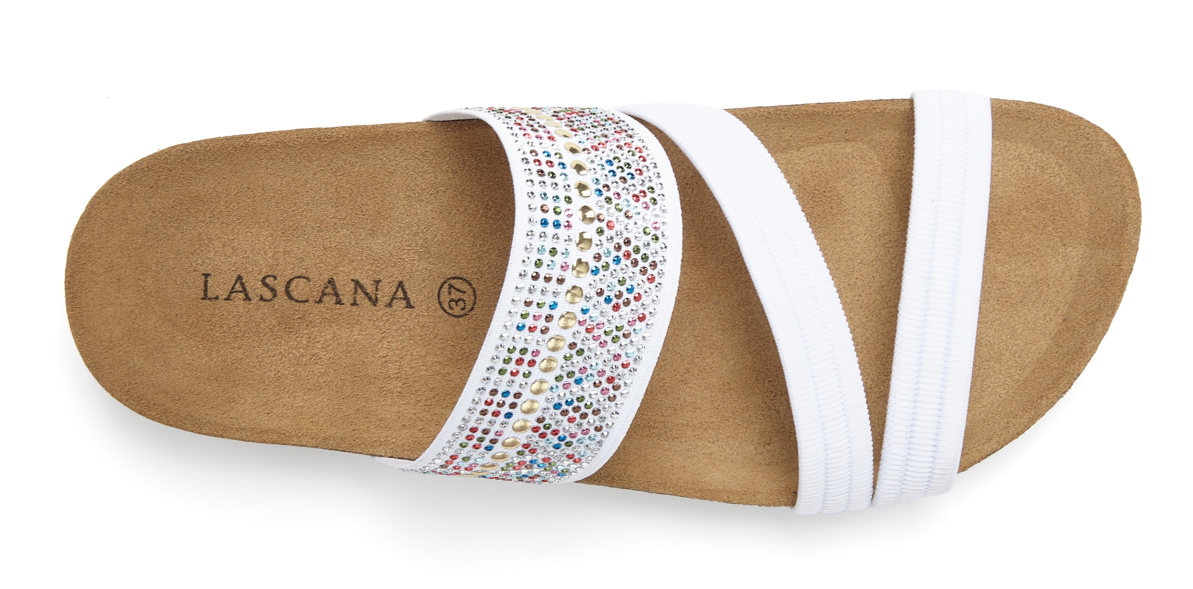 LASCANA Pantolette »Mule, Sandale, offener Schuh, Sommerschuh,«  mit Komfortkorkfußbett aus Leder und elastischen Riemen