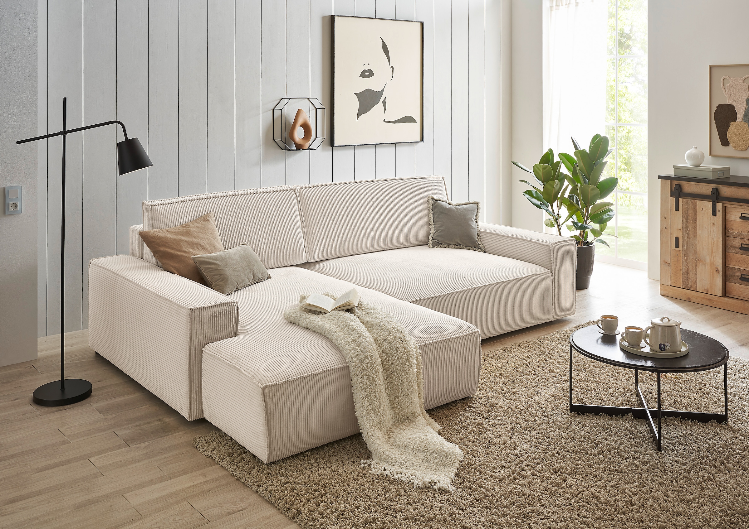 Home affaire Ecksofa »NEU: SHERWOODL XXL 284, Big-Sofa L-Form, tiefe Sitzfläche 95 cm, Cord,«, Leinenoptik, Recamiere rechts/links, auch als Schlafsofa stellbar