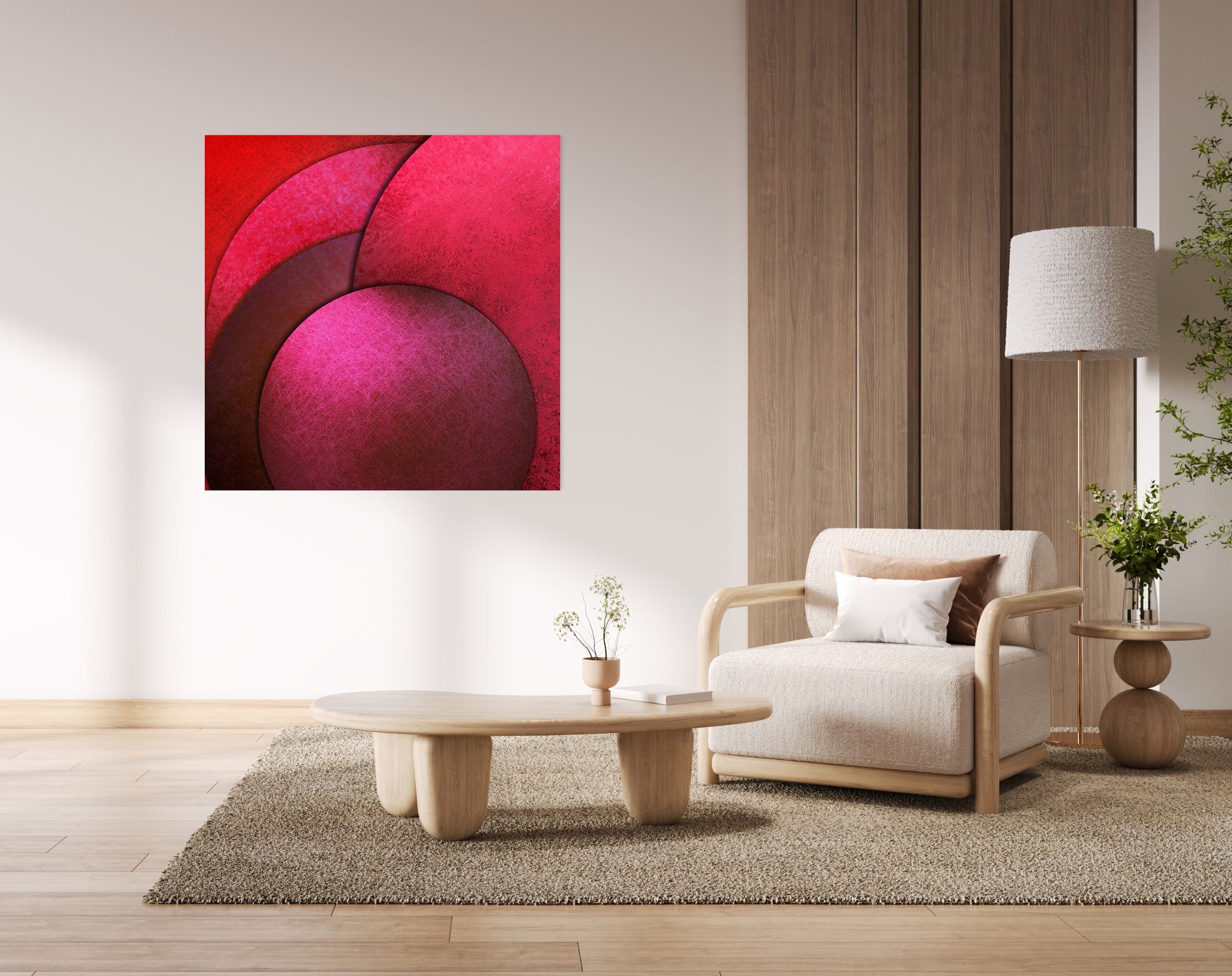 queence Acrylglasbild "Rote Kreise, Kunstdruck Abstrakt" 1 Stk. tlg. mit schwebender 3D Tiefenwirkung, dank der rahmenlosen Befestigung
