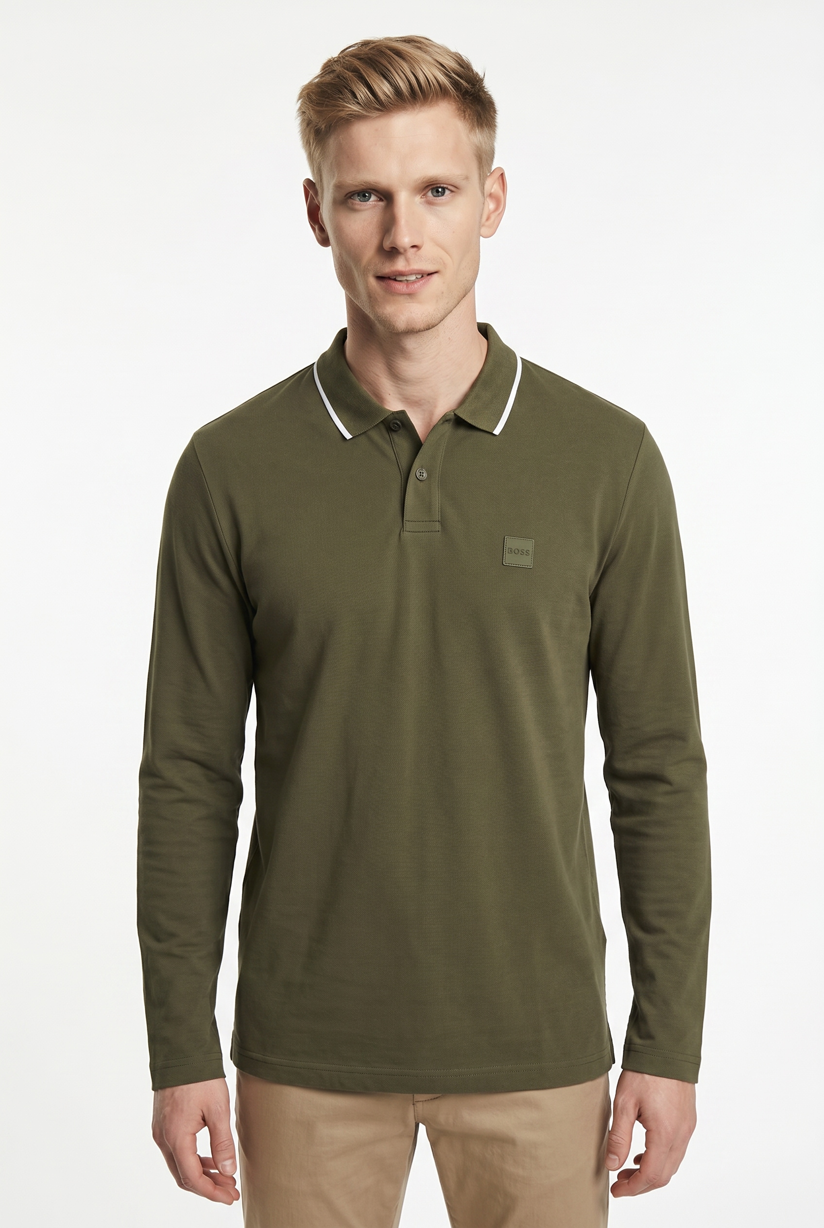 BOSS ORANGE Langarm-Poloshirt Regular Fit, reine Baumwolle, BOSS-Label