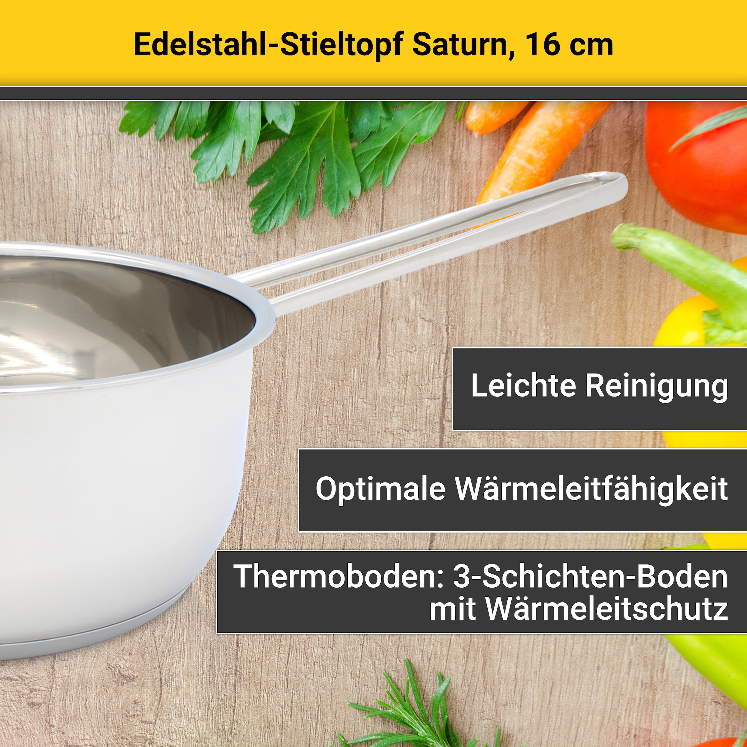 Krüger Kasserolle »Saturn«, Edelstahl, (1 tlg.), Ø 16 cm, Glasdeckel für praktisches Sichtkochen