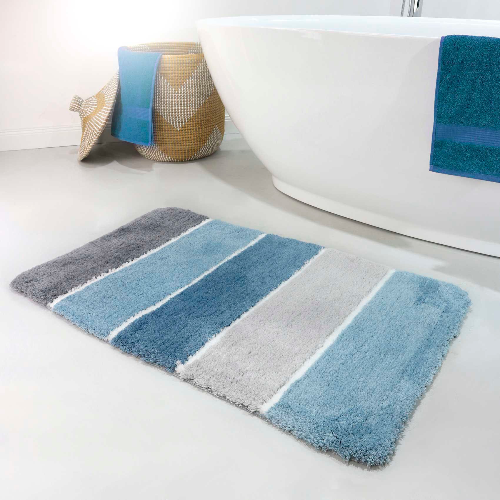 Homie Living Badematte "Rio Marina" Höhe 30 mm rutschhemmend beschichtet fußbodenheizungsgeeignet  schnell trocknend flauschiger Badteppich, modern gestreift, waschbar, Badezimmerteppich