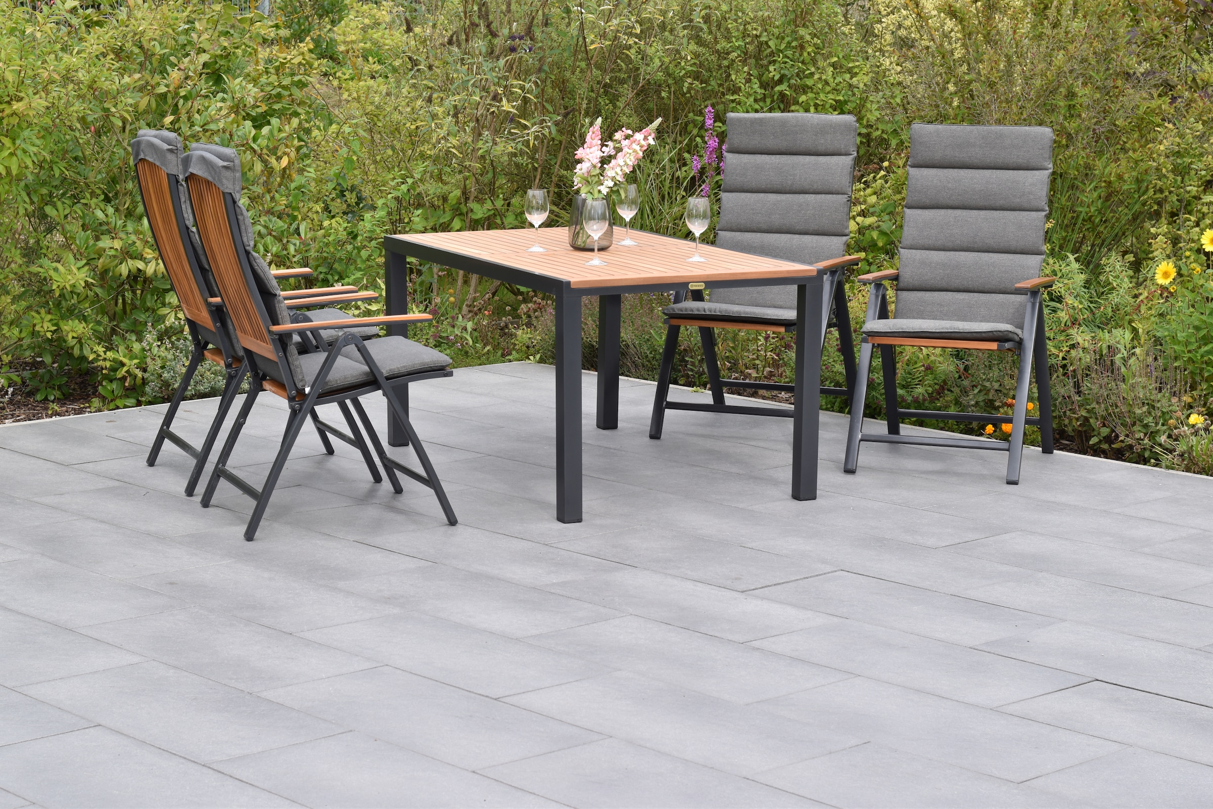 Garten-Essgruppe MERXX "»Athos«", beige (natur, natur, graphit), Aluminium, Massivholz, Sitzmöbel-Sets, Tisch: LxB: 150x90 cm