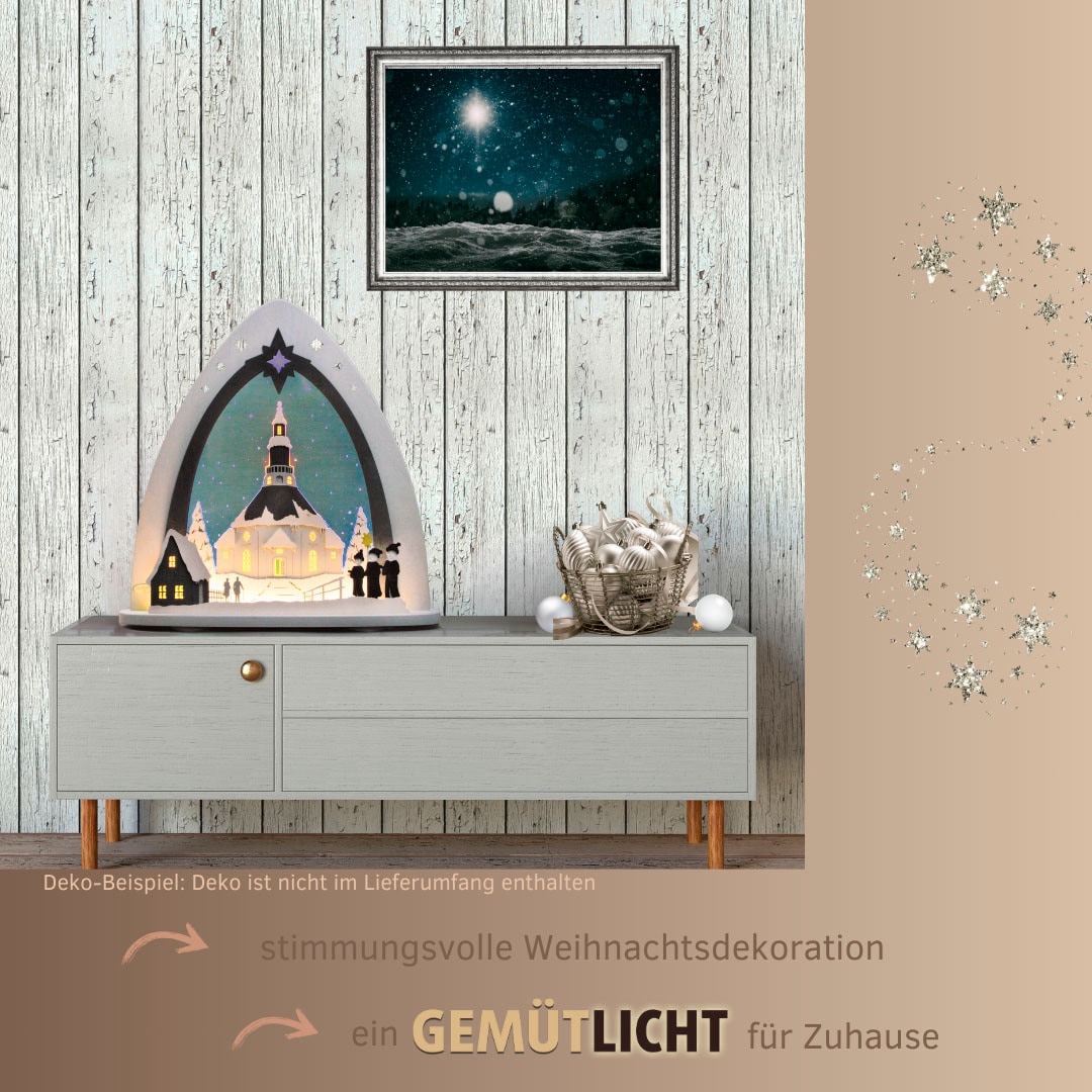 Weigla Lichterbogen »LED Seiffener Kirche, moderne Lichterspitze aus Holz & Acrylglas«, Erzgebirge garantiert, Weihnachtsdeko Innen, Weihnachtsbeleuchtung