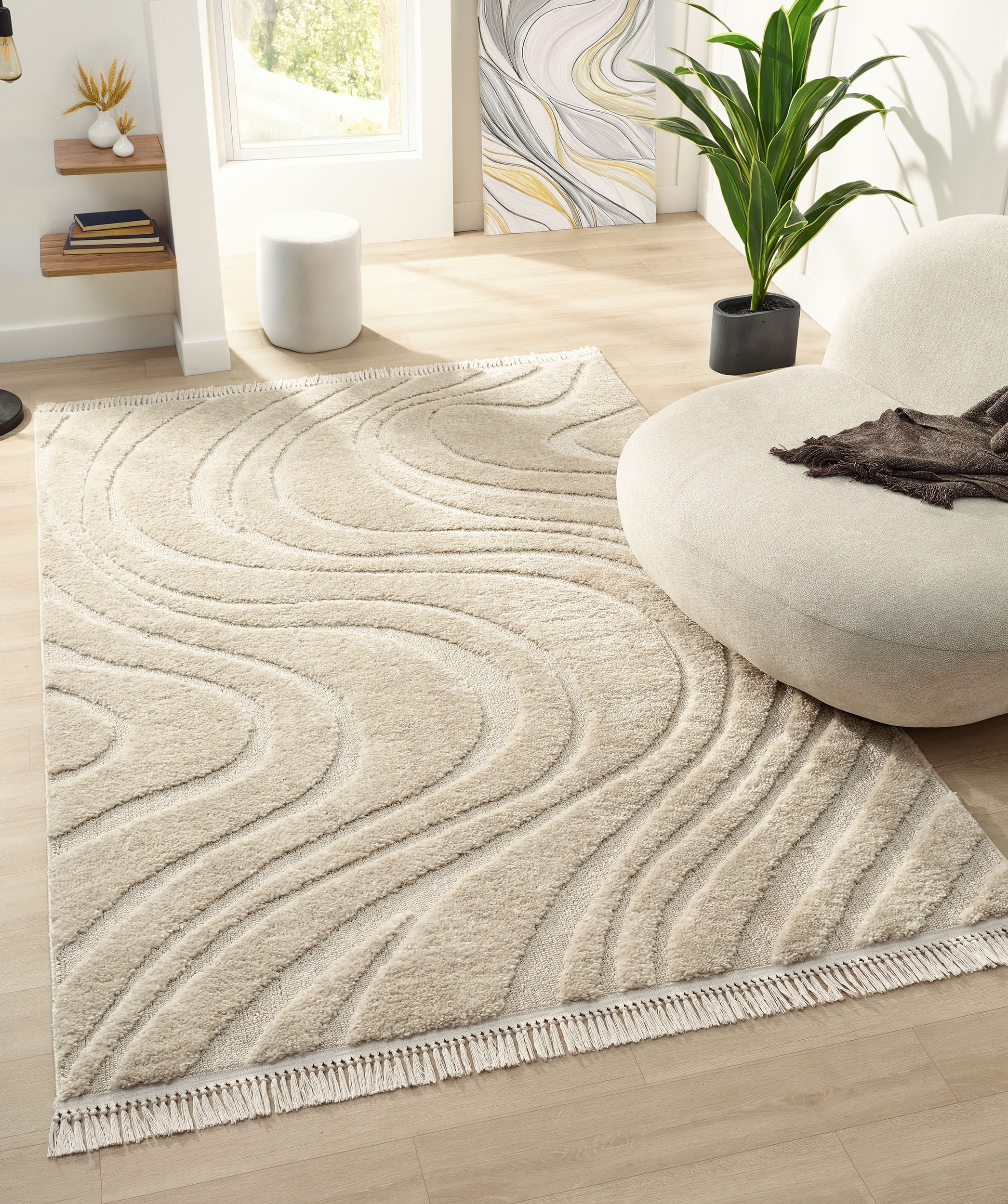 homsy by Ana Johnson Teppich »Waavy mit Fransen, Wellen Design« rechteckig 20 mm Höhe Boho, 3D Optik, Scandi, Hoch-Tief, Wohnzimmer, Schlafzimmer