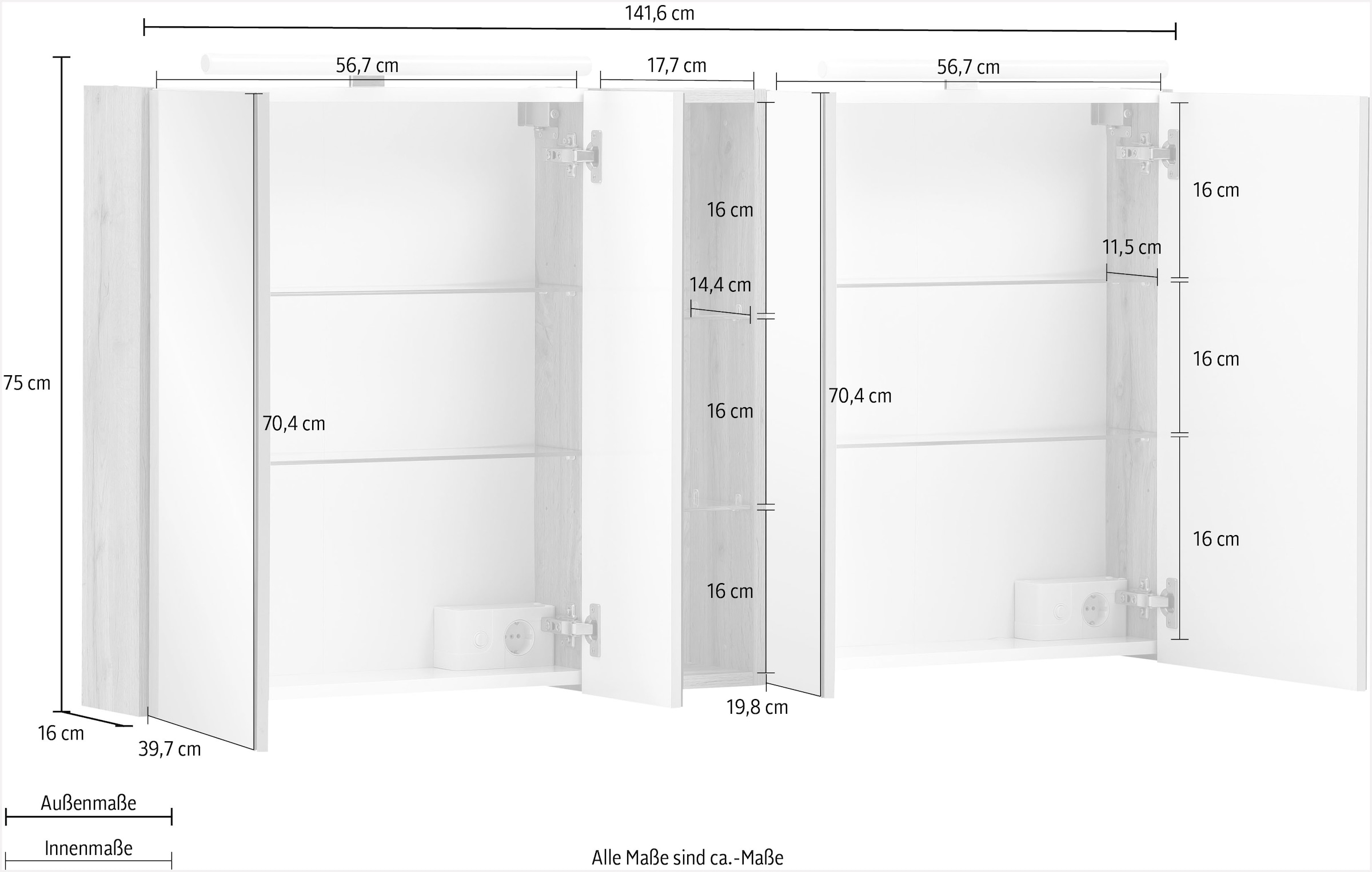 Schildmeyer Spiegelschrank »Duo«, Breite 141,6 cm, 4-türig, 2x LED-Beleuchtung, Schalter-/Steckdosenbox