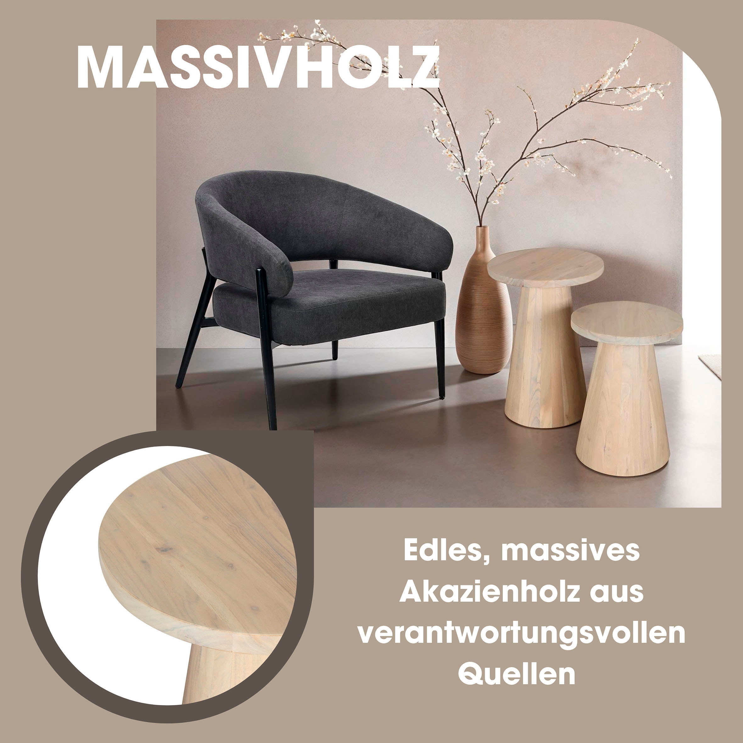 byLIVING Beistelltisch »Cone«, (Set), aus Massivholz in schwarz oder white wash, verschiedenen Größen