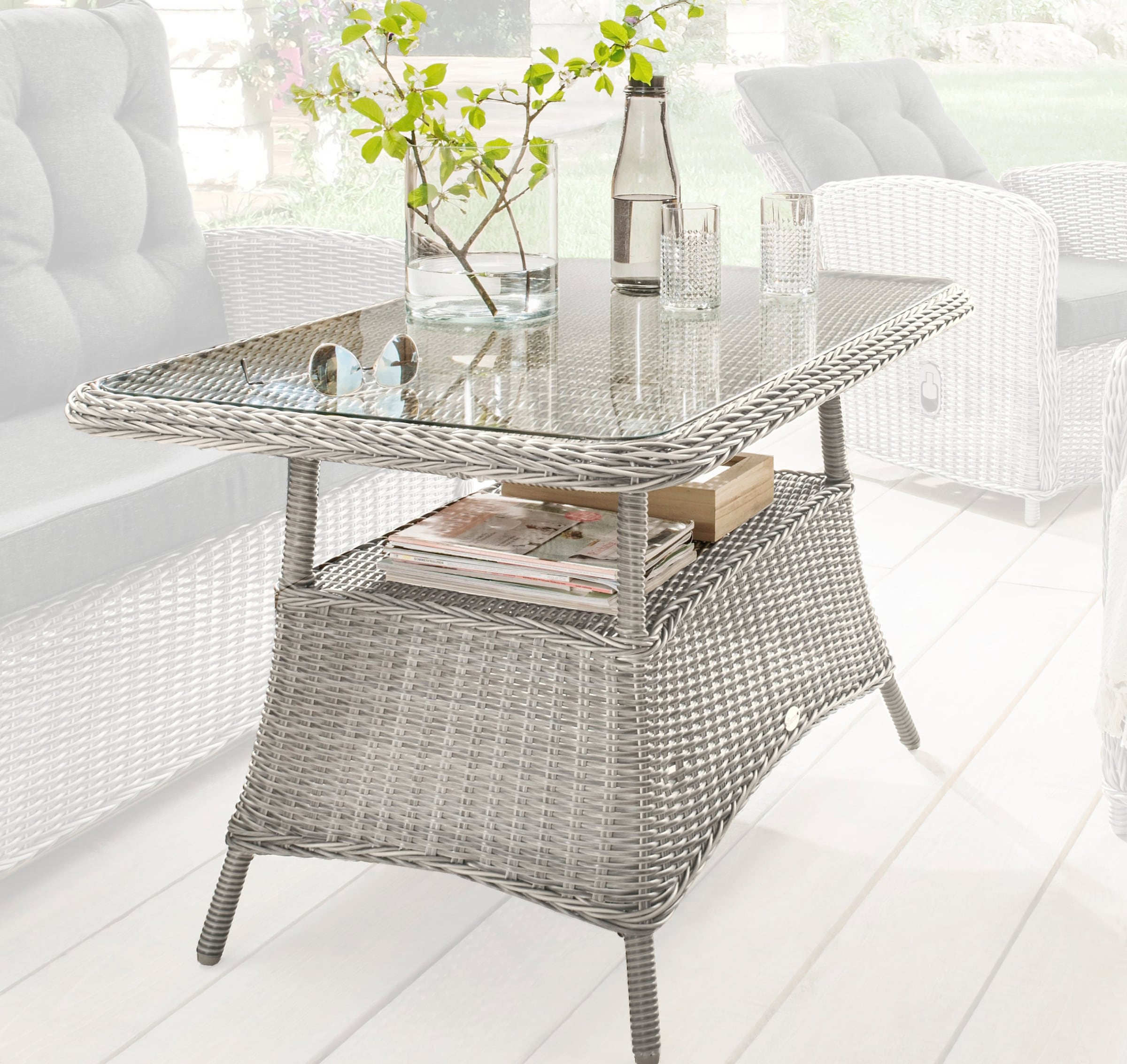 Destiny Gartentisch »CASA MERANO«, (1x Tisch), Aluminium, Polyrattan, 120x77x66cm, mit aufgelegter Glasplatte