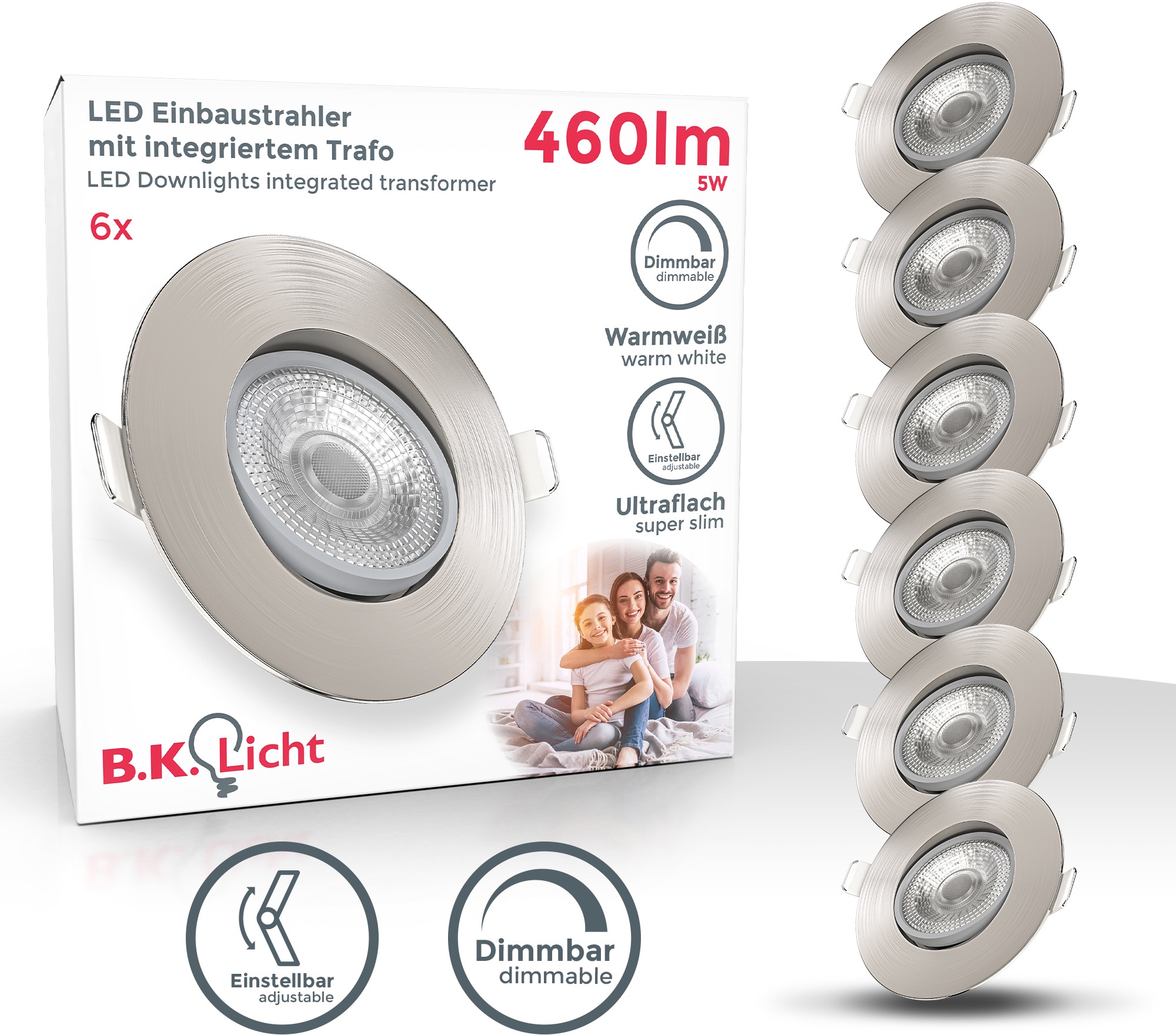 B.K.Licht LED Einbaustrahler, 6er-Set, Schutzart IP23, LED-Leuchtmittel fest integriert