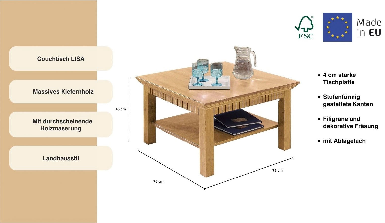 Home affaire Couchtisch »Lisa« Kaffeetisch, massives Kiefernholz, B/T/H: 76x76x45 cm