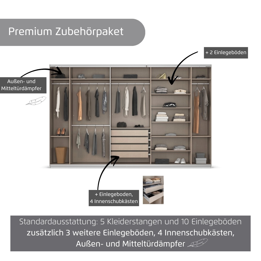 rauch Kleiderschrank »Schwebetürenschrank OTTO´s Choice Garderobe Schrank TOP ANGEBOT Avola«, (in 3 verschiedenen Ausstattungen BASIC/CLASSIC/PREMIUM inkl. Spiegel), mit eleganten Zierleisten in Chrom, Schwarz oder Weiß MADE IN GERMANY