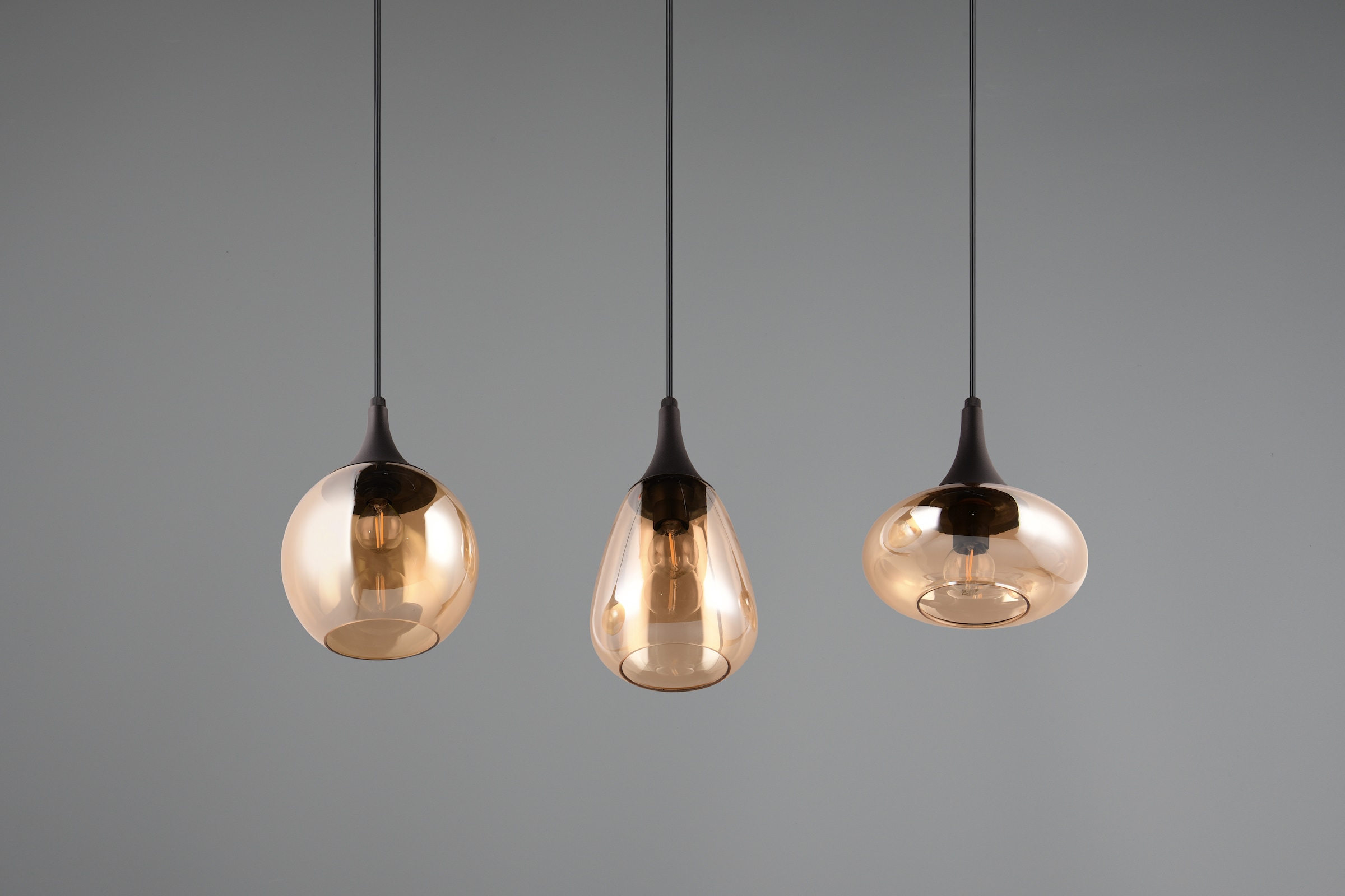 TRIO Leuchten Pendelleuchte »LUMINA, E14 Hängelampe 3-flammig Glasschirme in 3 Formen amberfarbig«, 3 flammig, Leuchtmittel E14 | Leuchtmittel wechselbar, exkl 3x E14 max 40W, Hängeleuchte höhenverstellbar bis max 150 cm
