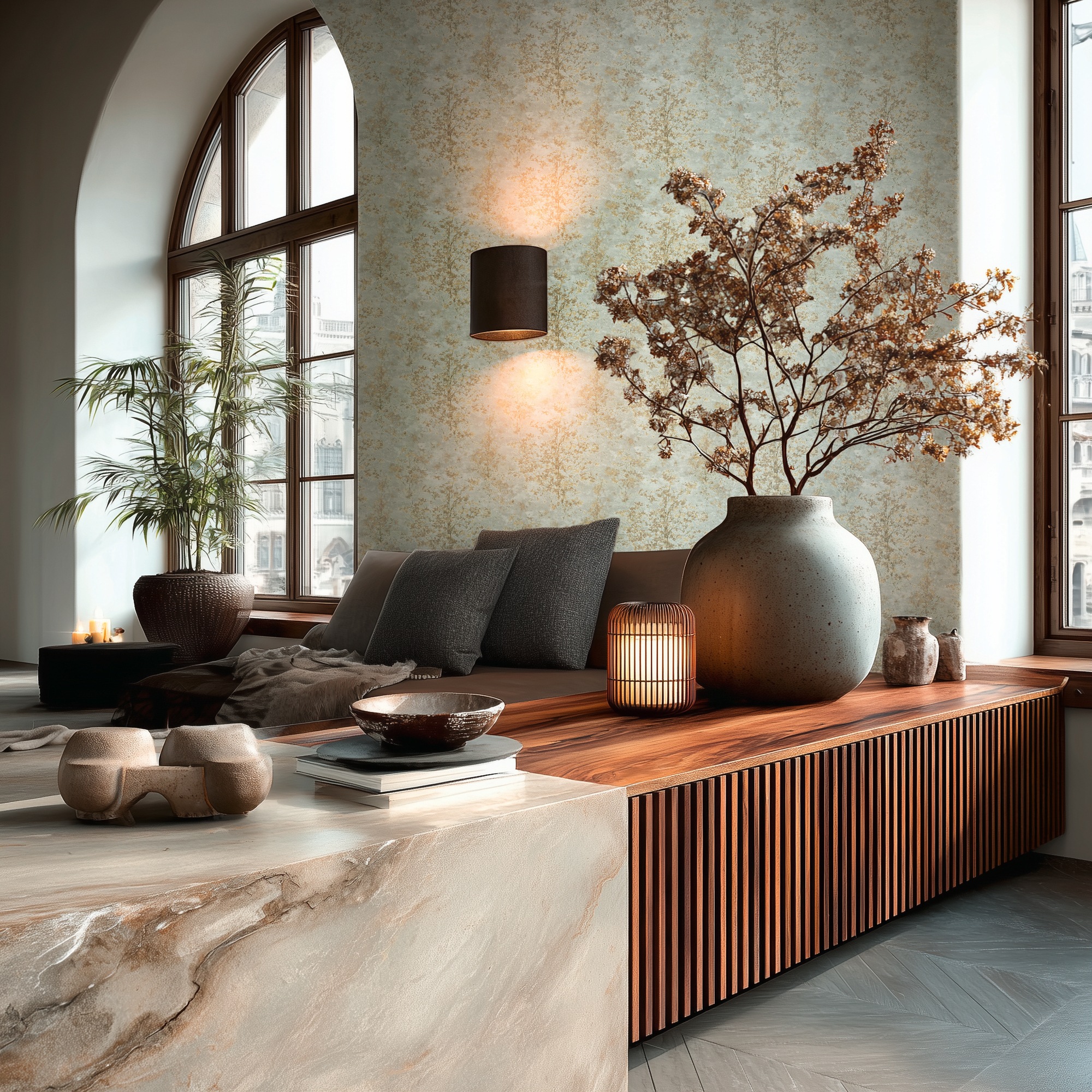 living walls Vliestapete »Vibes & Styles Astrid – Whispering Woods Vliestapete« glänzend leicht strukturiert Zarte Baumstruktur im Aquarellstil mit feinem Glitzer- und Glanzeffekt