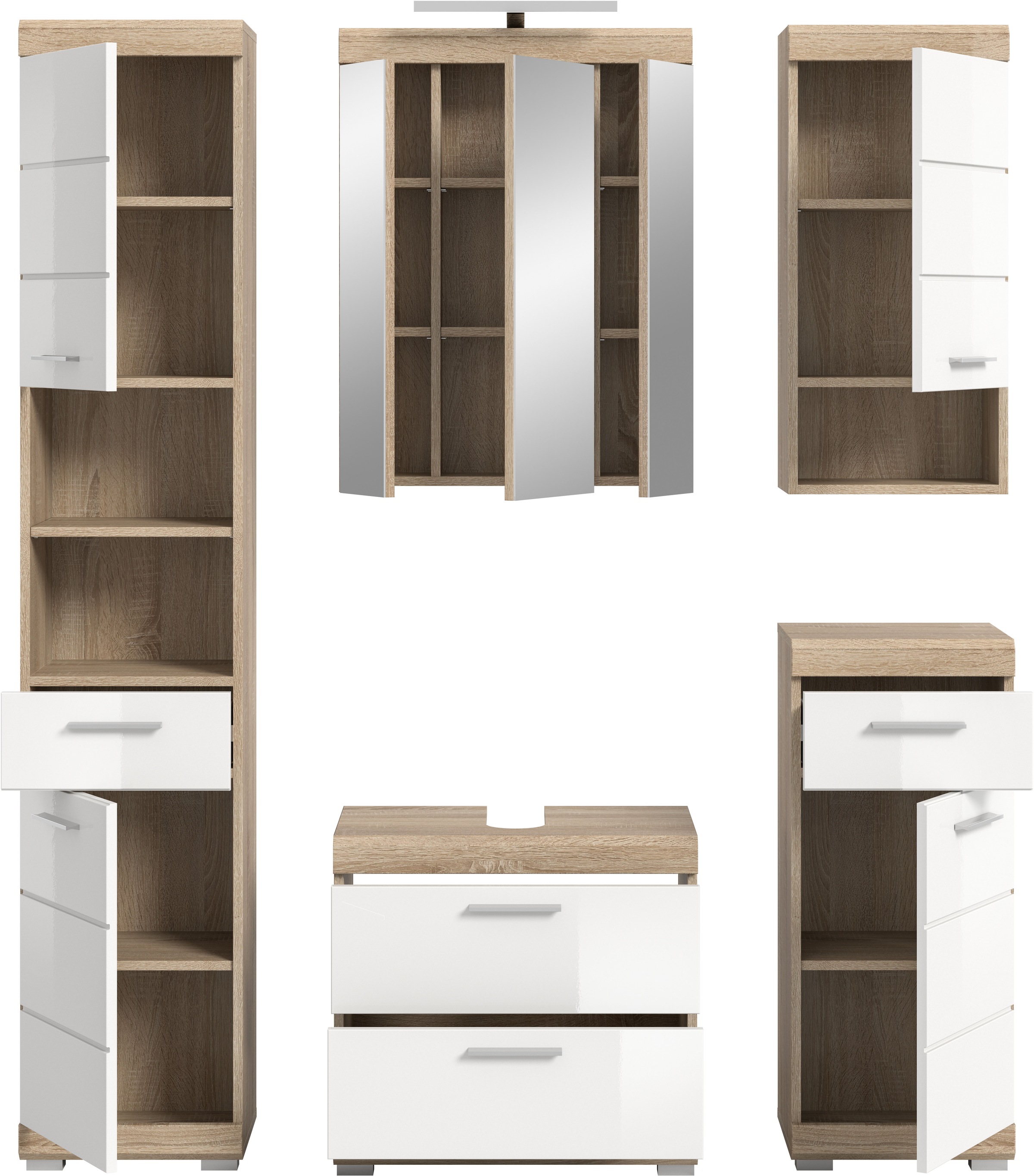 INOSIGN Badmöbel-Set »Siena, 5 teilig, inklusive LED Beleuchtung, bestehend aus:«, (Set), Hochschrank, WBU, Spiegelschrank, Unterschrank, Hängeschrank