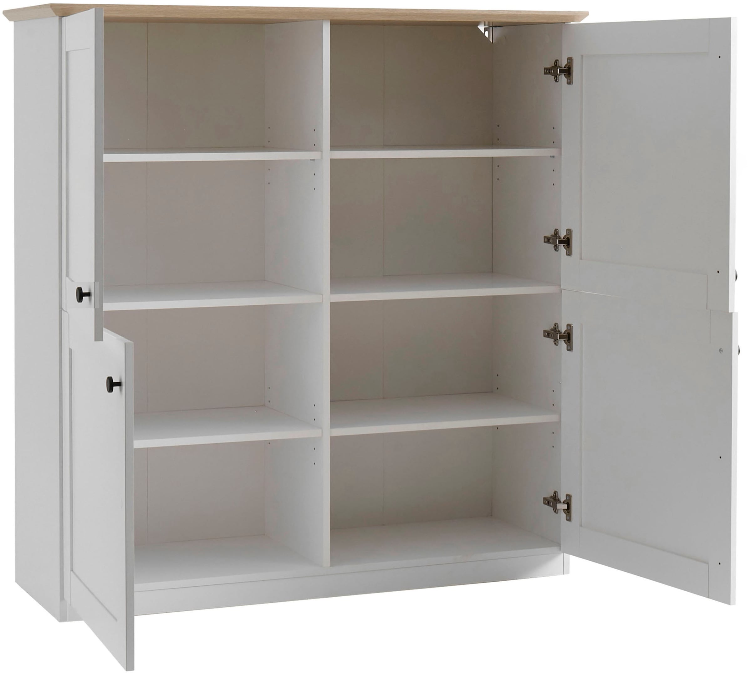 OTTO home Highboard »Brest, Schrank im Landhausstil, Wohnzimmerschrank, Mehrzweckschrank« schwarze Metallgriffe, ausreichend Stauraum, 128 cm hoch