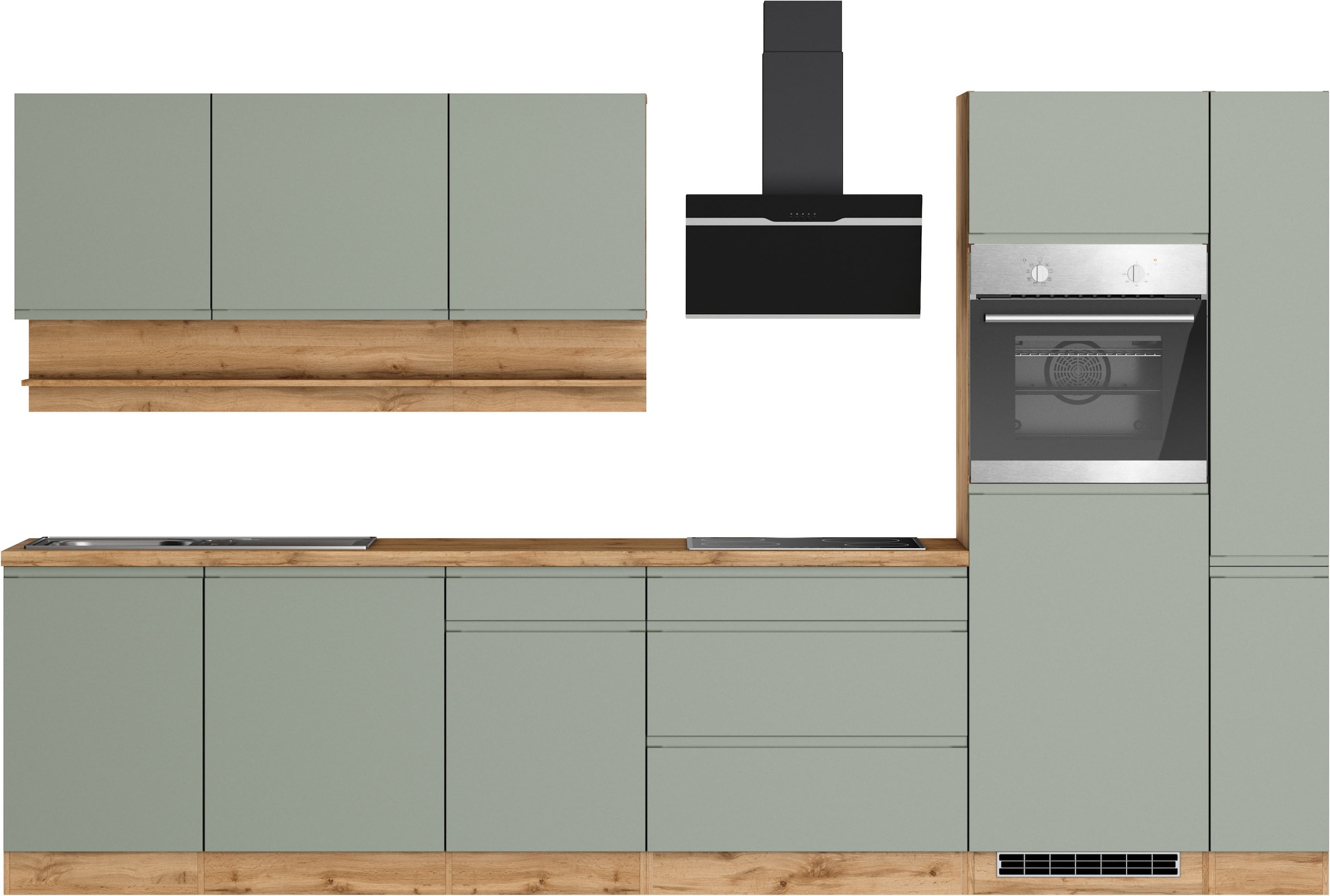 KOCHSTATION Küchenzeile "KS-Virginia,neu in verbesserter Ausführung" Arbeitsplatte 38 mm stark, Stauraum, Softclose, Breite 330 cm, Soft-Close, ohne E-Geräte