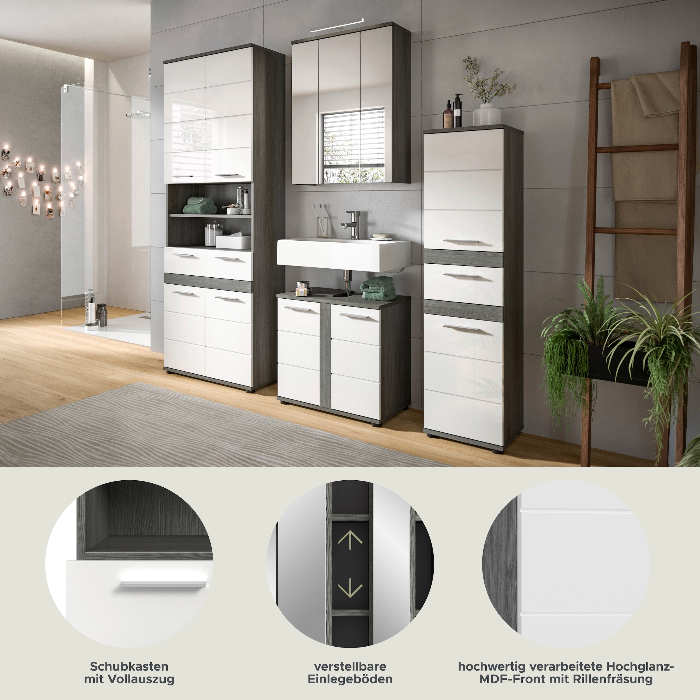 welltime Badmöbel-Set »LUCCA, 4-tlg. Badkombination, viel Stauraum, modernes Design« 4 Stk. tlg.