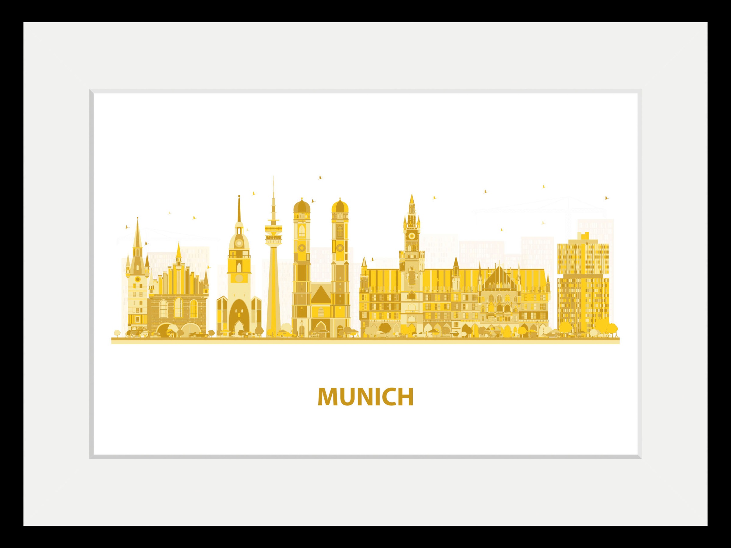 queence Bild »Munich Goldstadt«, Städte-Stadt-Deutschland-Gebäude-Schriftzug-Kirche-München, (1 St.), HD Premium Poster-Druck inkl. Holzrahmen