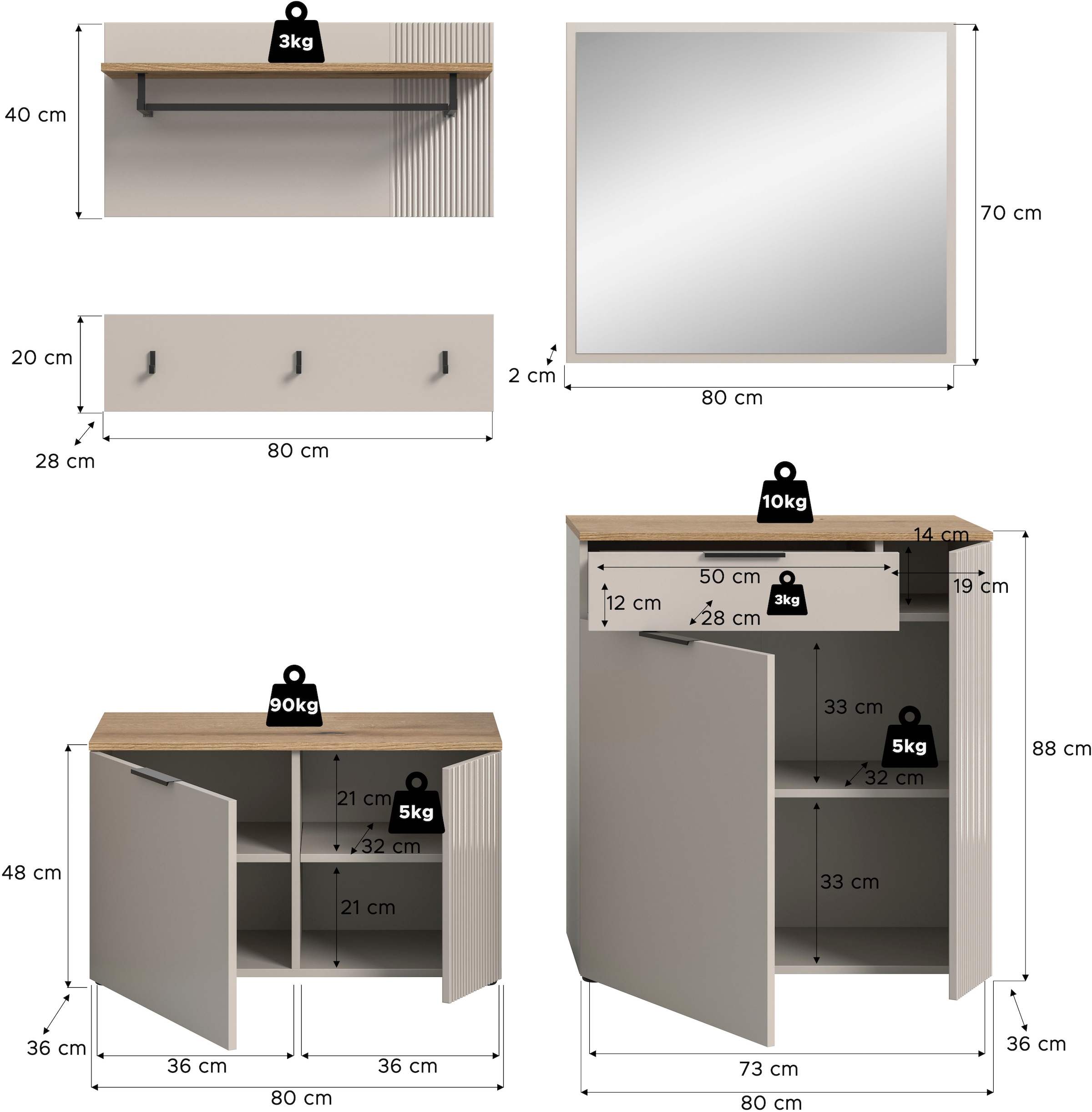 INOSIGN Garderoben-Set »EDIL, Breite 175 cm, 5-teilig, Front mit hochwertiger Längstfräsung« Set, best. aus: Sitzbank, Paneel, Hakenleiste, Kommode & Spiegel, 4 Stk. tlg. Garderobenkombination, Kombination, Set, Garderobe, Flurgarderobe