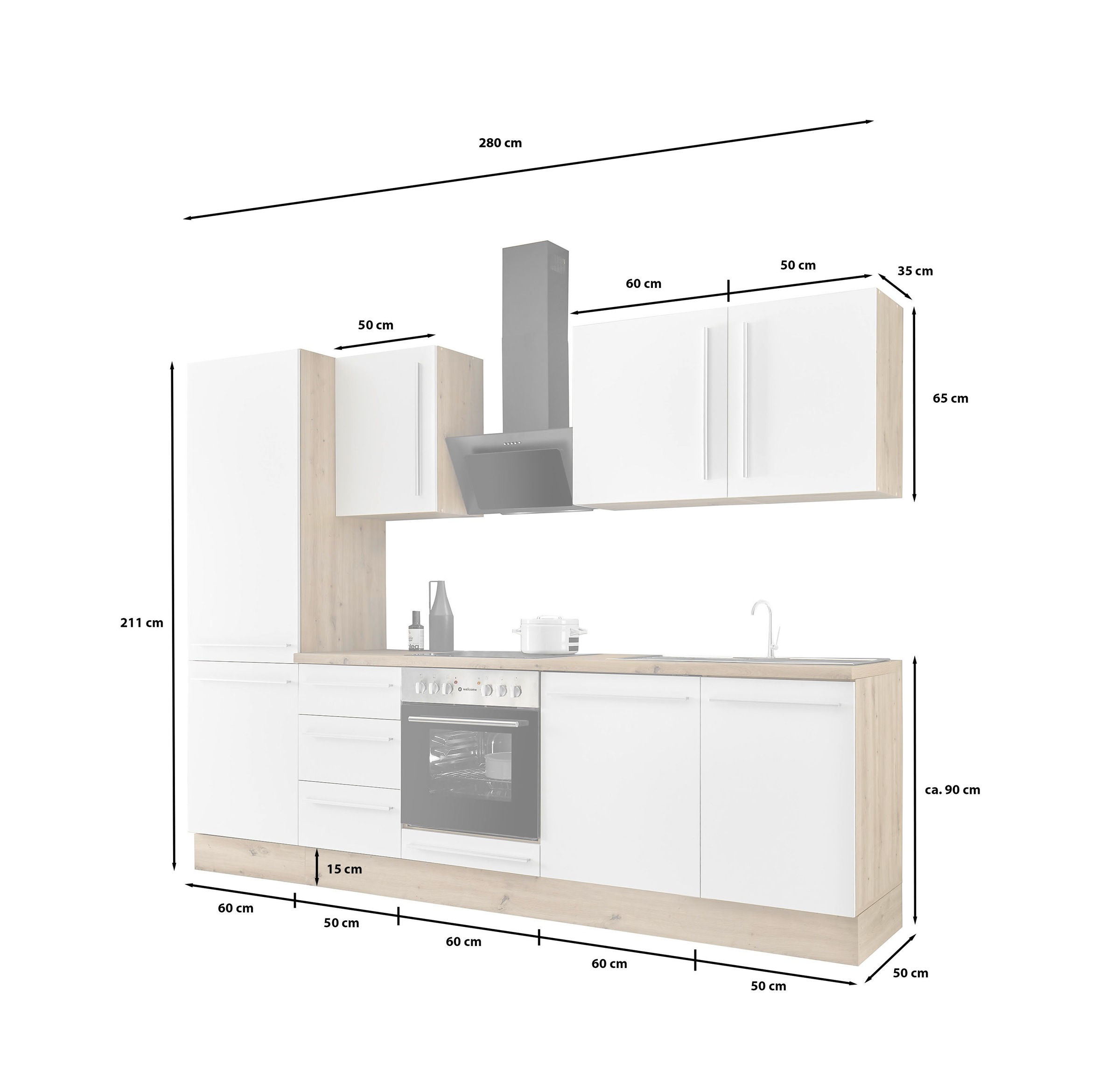 Kochstation Küchenzeile »KS-Florida mit 38mm starker Arbeitsplatte«, Breite 280 cm, wahlweise mit E-Geräten, Soft-Close-Funktion