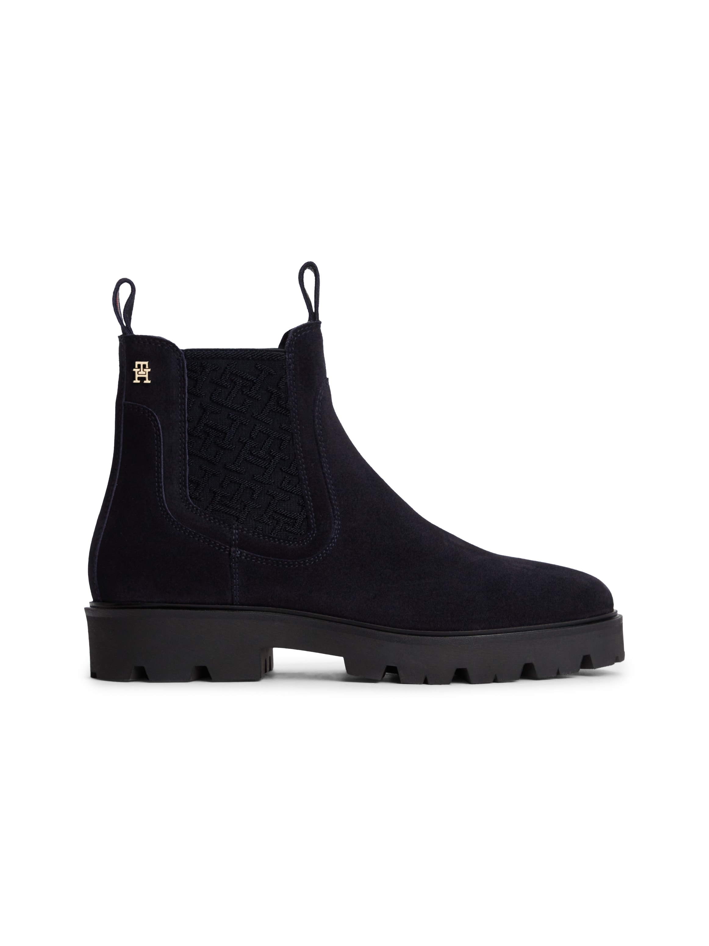 Tommy Hilfiger Chelseaboots »TH MONOGRAM SUEDE CHELSEA BOOT«  Blockabsatz, Schlupfboots, Stiefelett mit TH-Schmuckelement